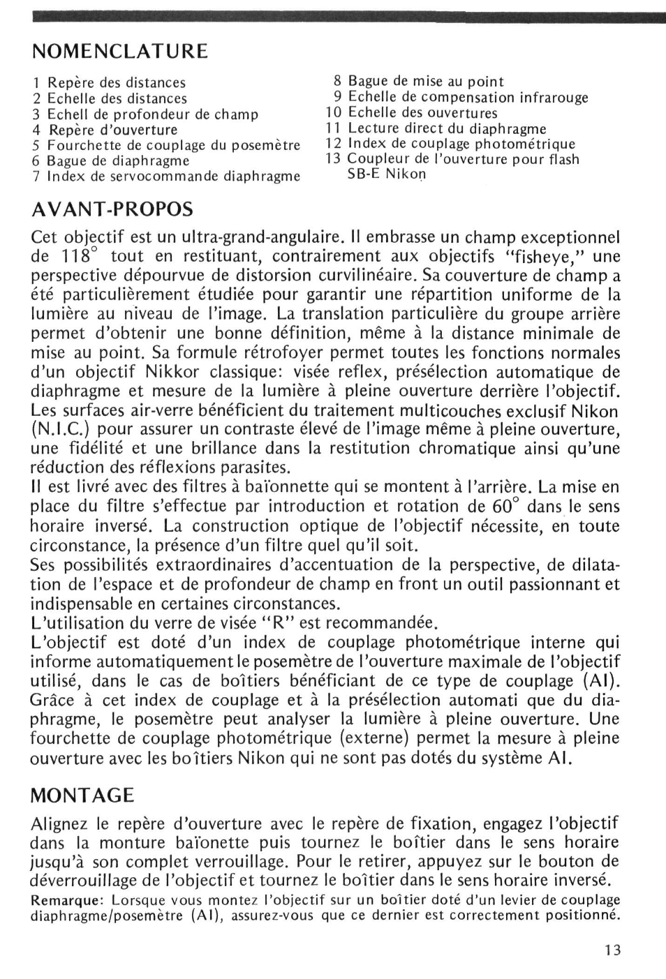 Avant-propos, Montage, Nomenclature | Nikon NIKKOR 13mm f-5.6 User Manual | Page 13 / 20