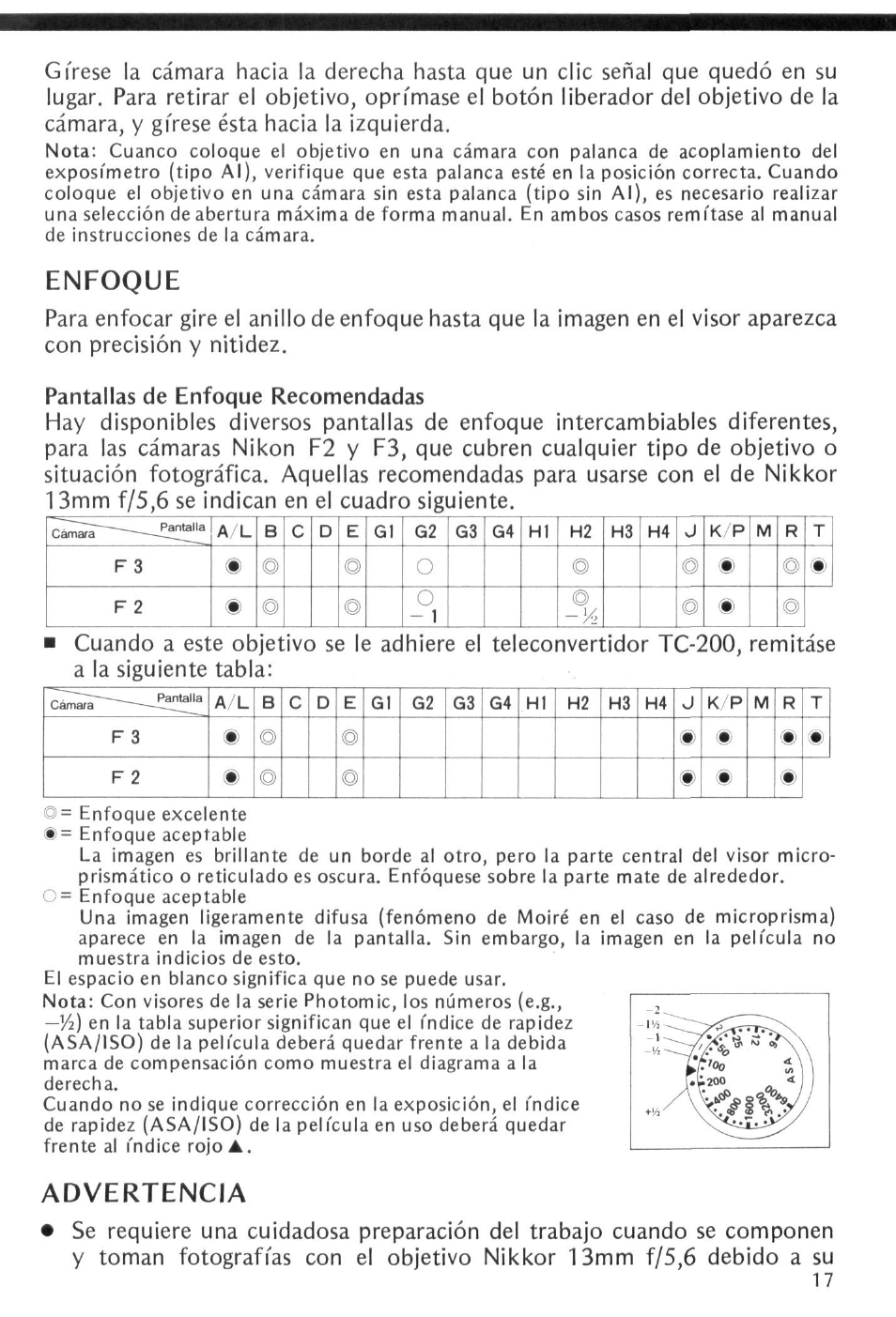 Enfoque, Advertencia, Cüsr | Al b | Nikon NIKKOR 13mm f-5.6 User Manual | Page 17 / 20