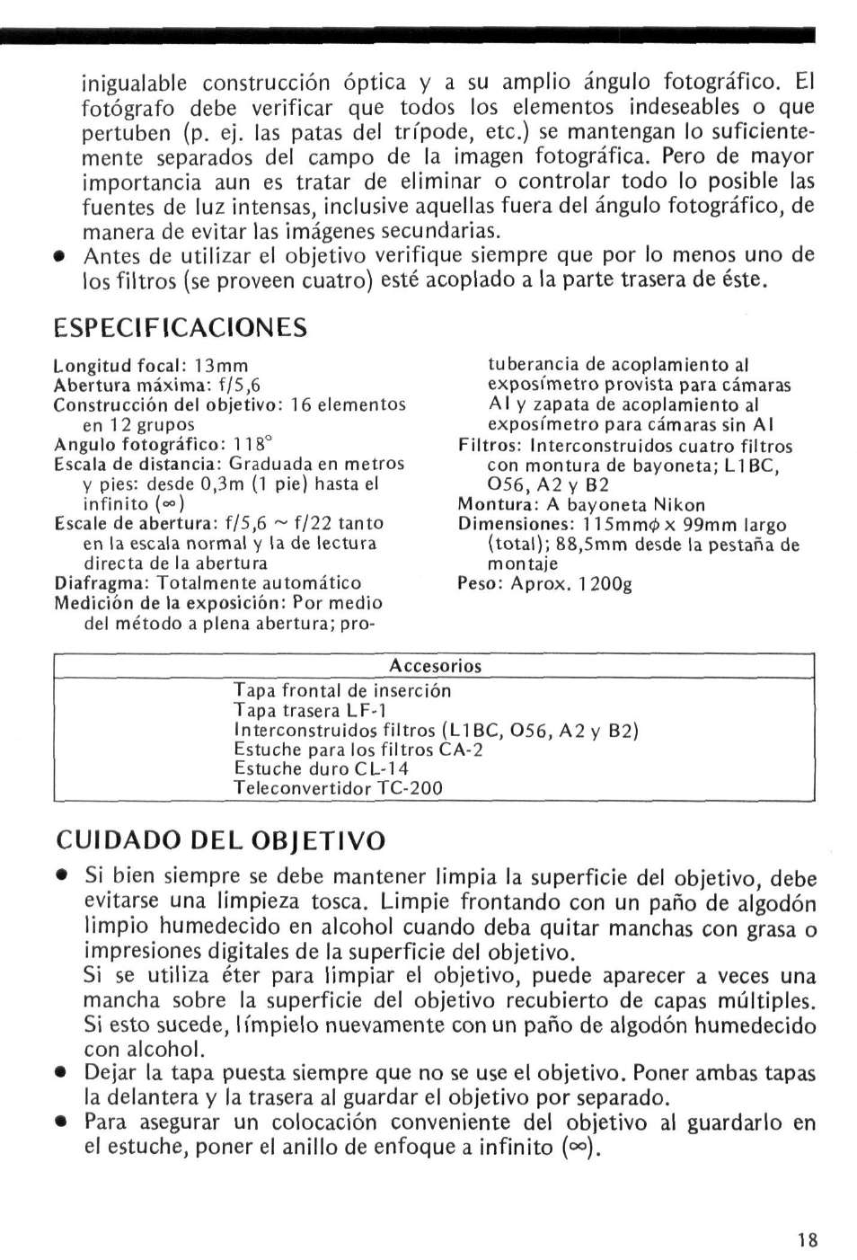 Especificaciones, Cuidado del objetivo | Nikon NIKKOR 13mm f-5.6 User Manual | Page 18 / 20