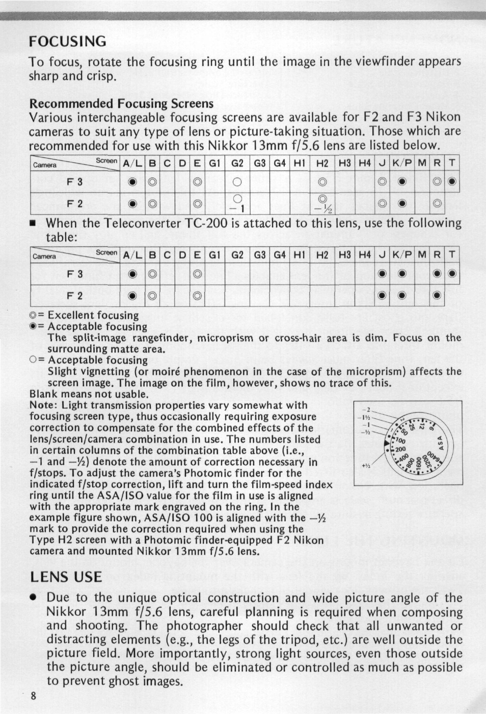 Focusing, Recommended focusing screens, Lens use | Nikon NIKKOR 13mm f-5.6 User Manual | Page 8 / 20