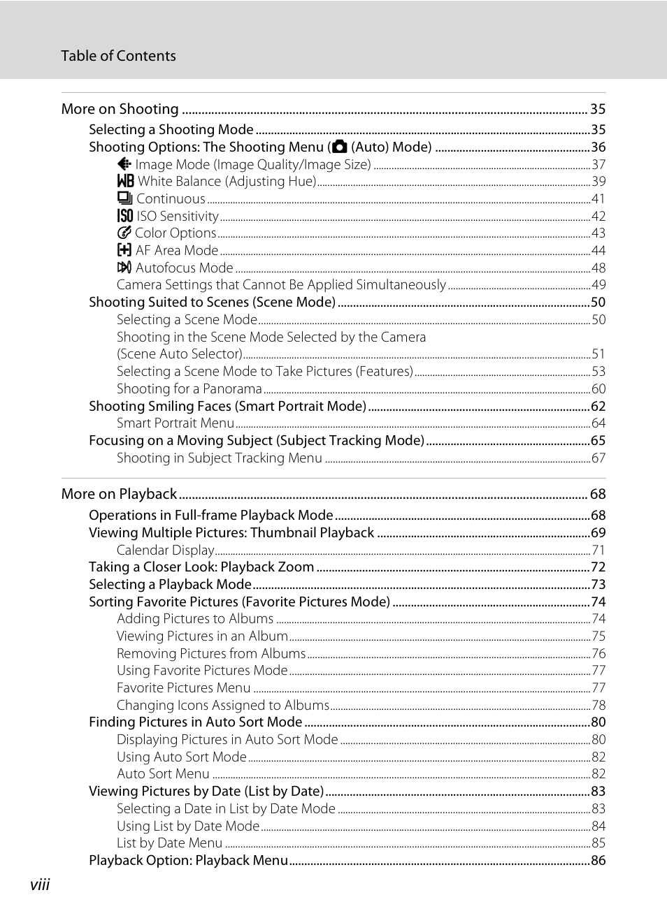 Viii | Nikon Coolpix S3000 User Manual | Page 10 / 184