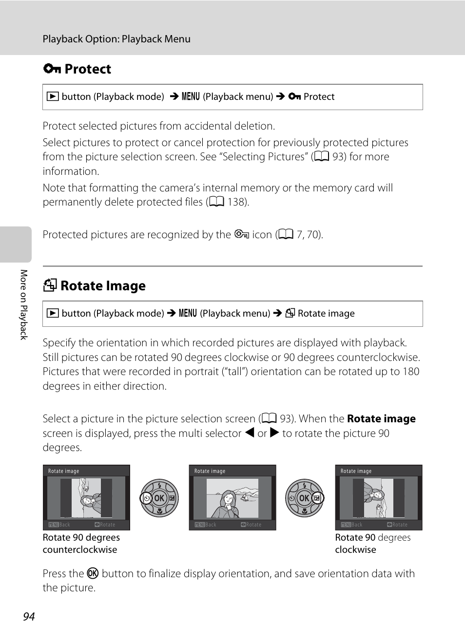 Protect, Rotate image, D protect f rotate image | A 94, A 94), A 94), and, D protect, F rotate image | Nikon Coolpix S3000 User Manual | Page 106 / 184