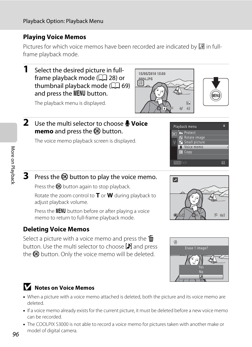 Playing voice memos, A 96 | Nikon Coolpix S3000 User Manual | Page 108 / 184
