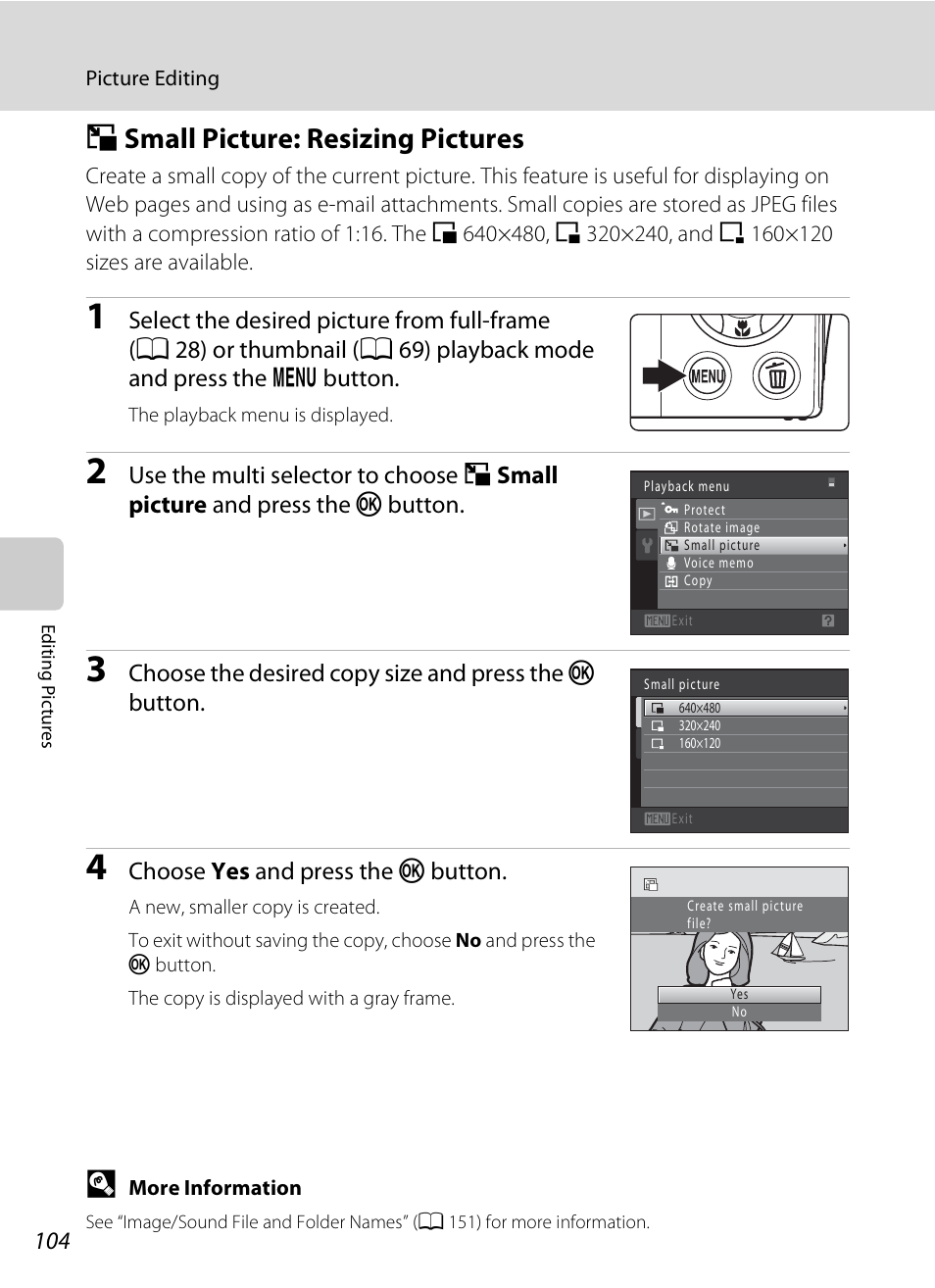 Small picture: resizing pictures, G small picture: resizing pictures, A 104 | A 104) | Nikon Coolpix S3000 User Manual | Page 116 / 184
