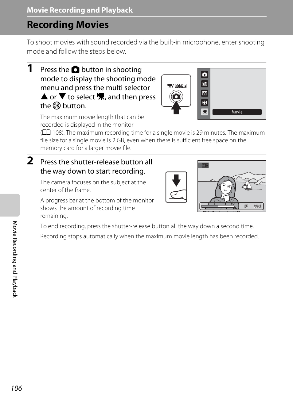 Movie recording and playback, Recording movies, A 106 | A 106) | Nikon Coolpix S3000 User Manual | Page 118 / 184