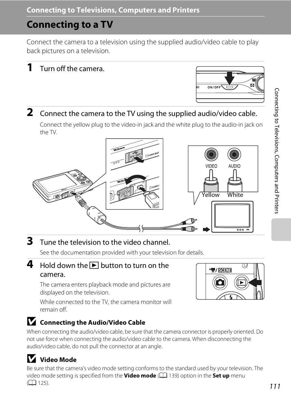 Connecting to televisions, computers and printers, Connecting to a tv | Nikon Coolpix S3000 User Manual | Page 123 / 184