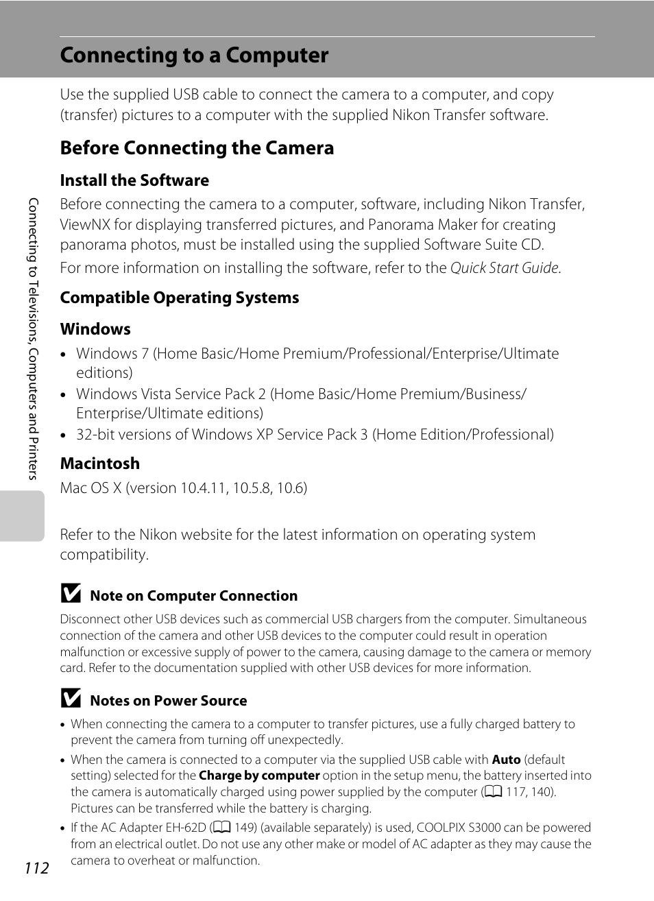 Connecting to a computer, Before connecting the camera, A 112 | A 112), Install the software, Compatible operating systems windows, Macintosh | Nikon Coolpix S3000 User Manual | Page 124 / 184