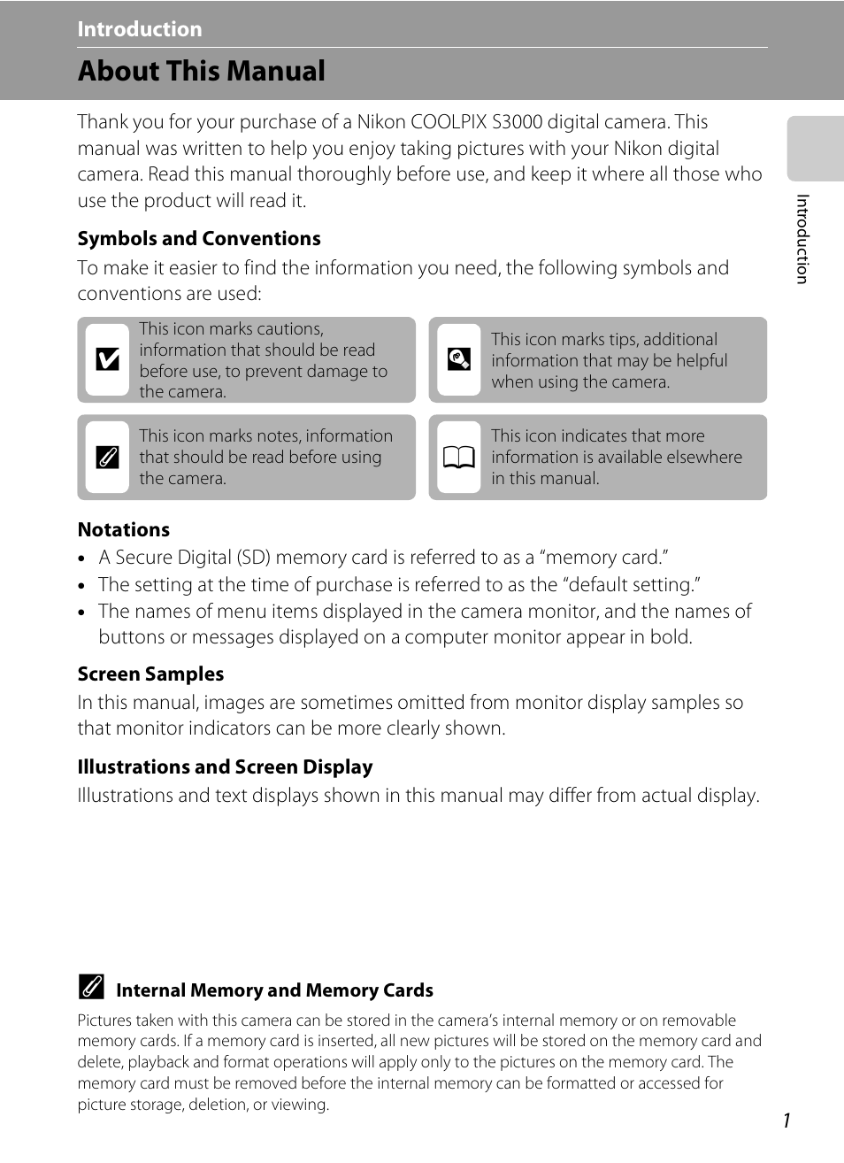 Introduction, About this manual, Ab c | Nikon Coolpix S3000 User Manual | Page 13 / 184