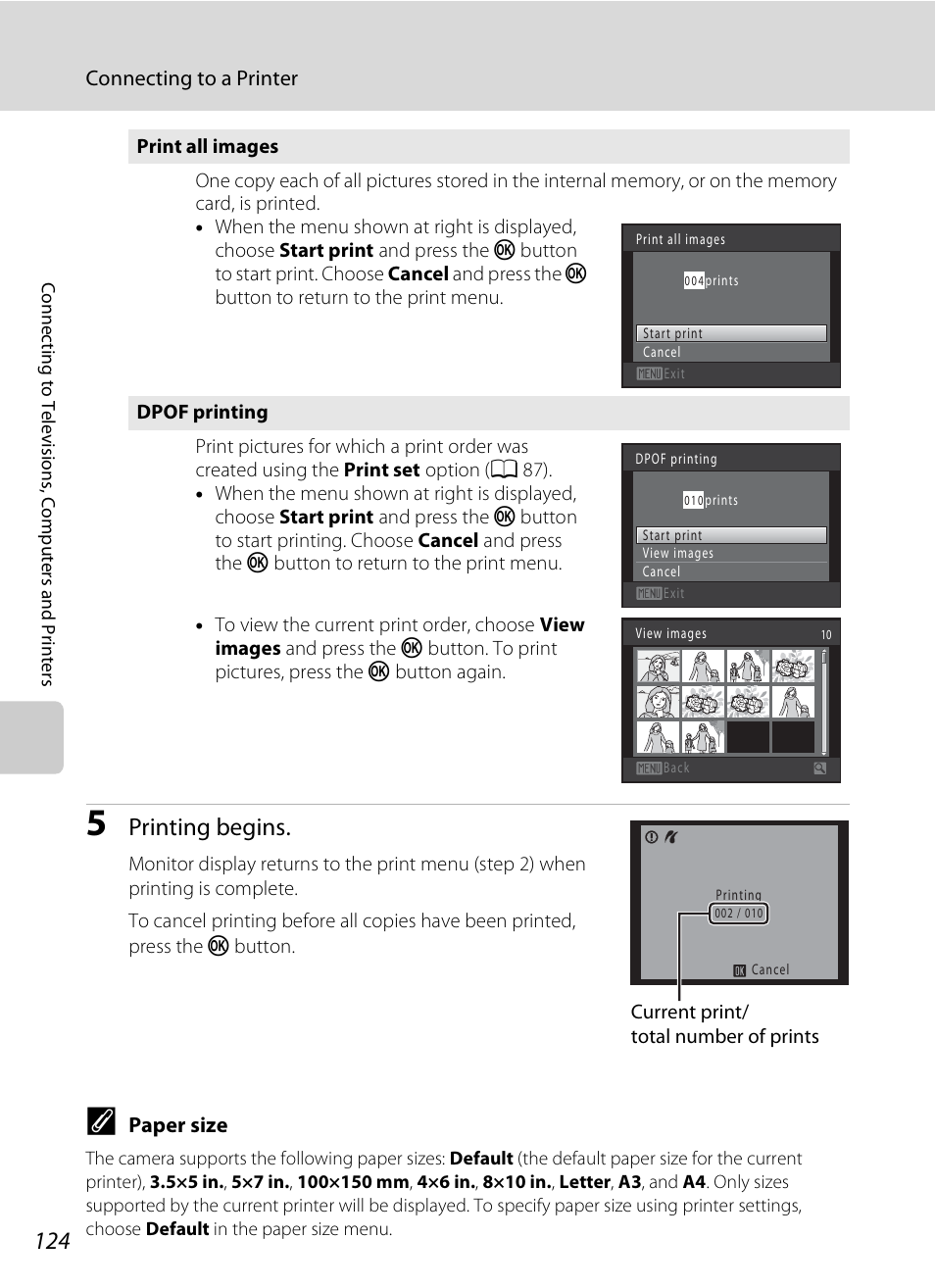 A 124), Printing begins | Nikon Coolpix S3000 User Manual | Page 136 / 184