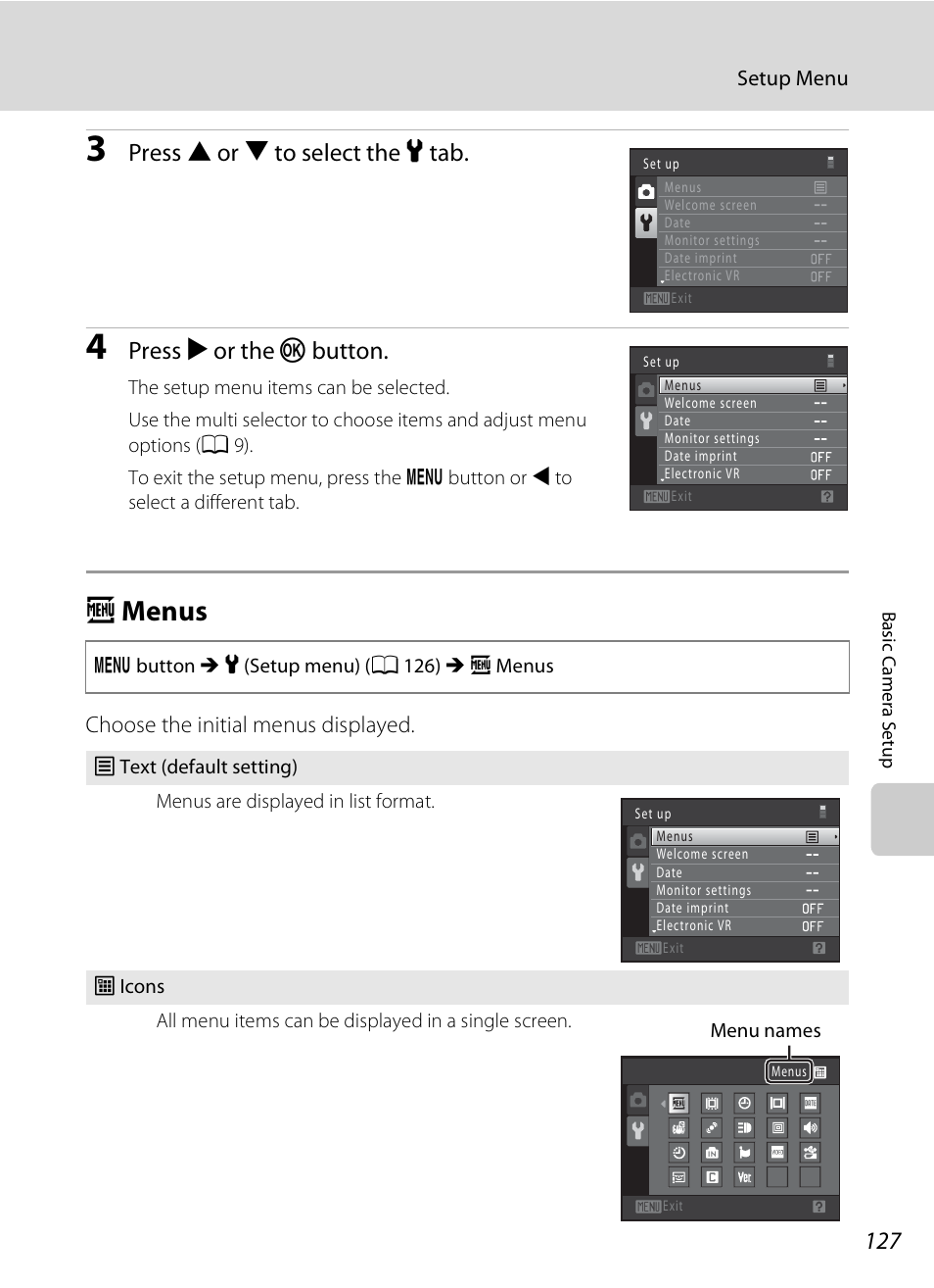 Menus, A menus, A 127 | Press h or i to select the z tab, Press k or the k button | Nikon Coolpix S3000 User Manual | Page 139 / 184