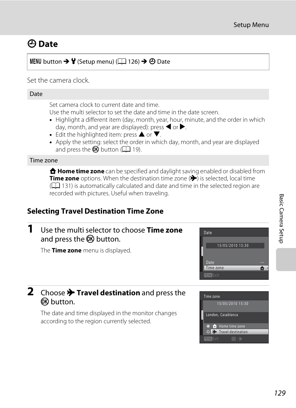 Date, D date, A 129) i | A 129, Selecting travel destination time zone, Choose x travel destination and press the k button | Nikon Coolpix S3000 User Manual | Page 141 / 184