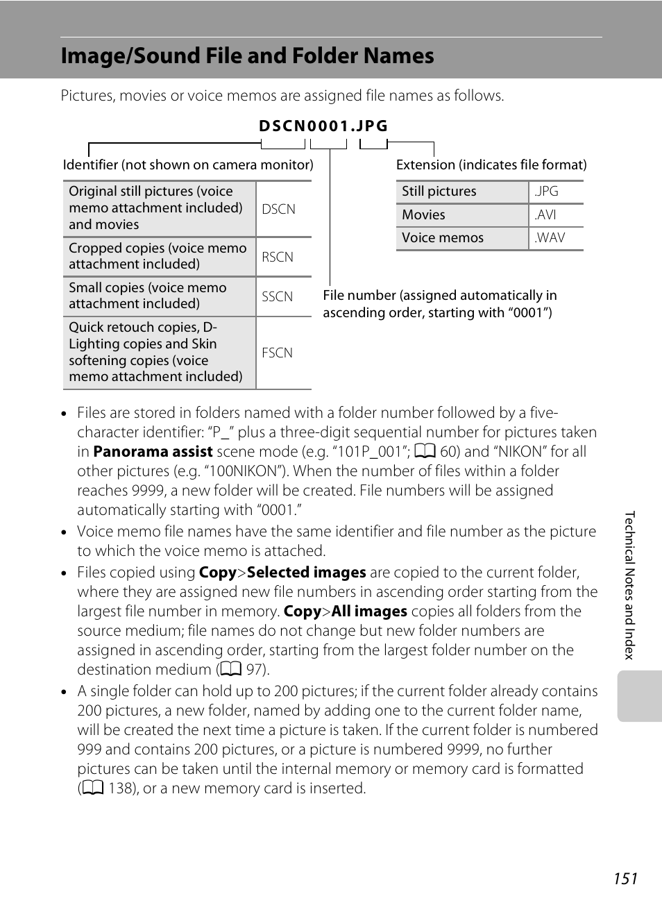 Image/sound file and folder names, A 151) for, A 151 | A 151), See “image/sound file and folder names, A 151) f, A 151) from me | Nikon Coolpix S3000 User Manual | Page 163 / 184