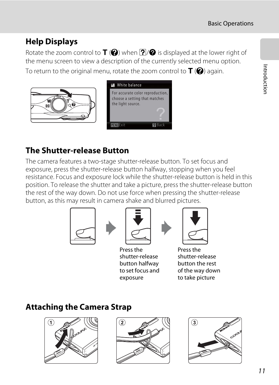 Help displays, The shutter-release button, Attaching the camera strap | Nikon Coolpix S3000 User Manual | Page 23 / 184