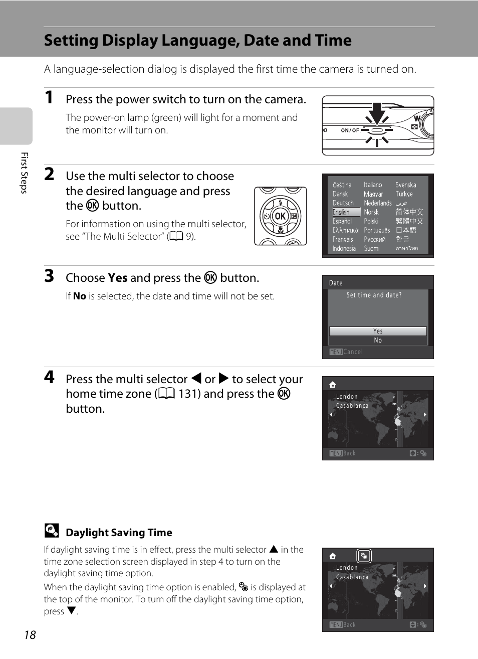 Setting display language, date and time | Nikon Coolpix S3000 User Manual | Page 30 / 184