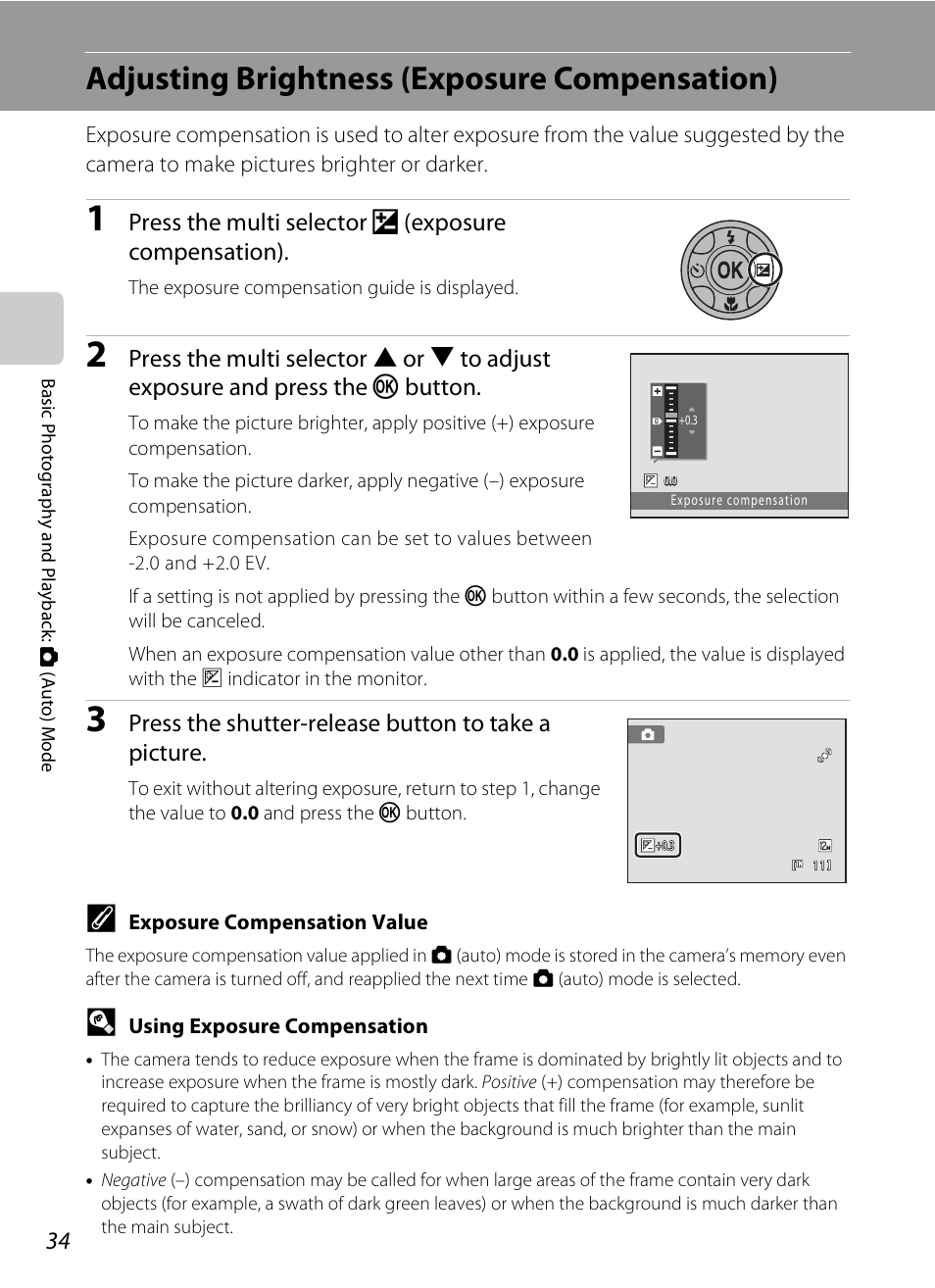 Adjusting brightness (exposure compensation), A 34) gu, A 34) | Press the multi selector o (exposure compensation), Press the shutter-release button to take a picture | Nikon Coolpix S3000 User Manual | Page 46 / 184
