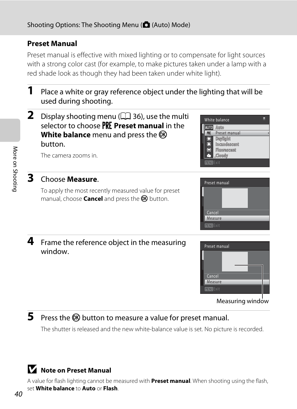 Preset manual, A 40), Choose measure | Frame the reference object in the measuring window | Nikon Coolpix S3000 User Manual | Page 52 / 184