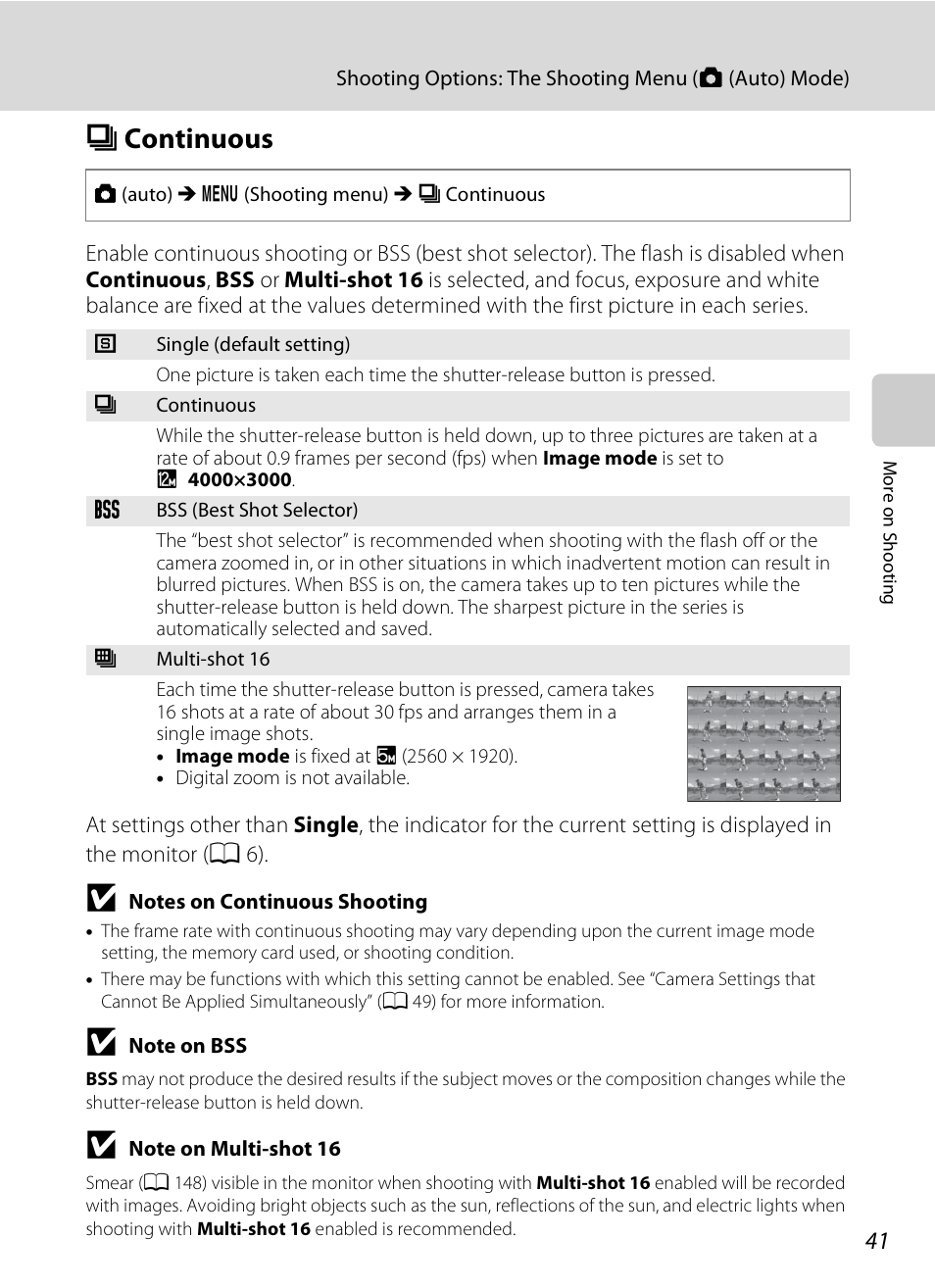 Continuous, C continuous, A 41) | A 41 | Nikon Coolpix S3000 User Manual | Page 53 / 184