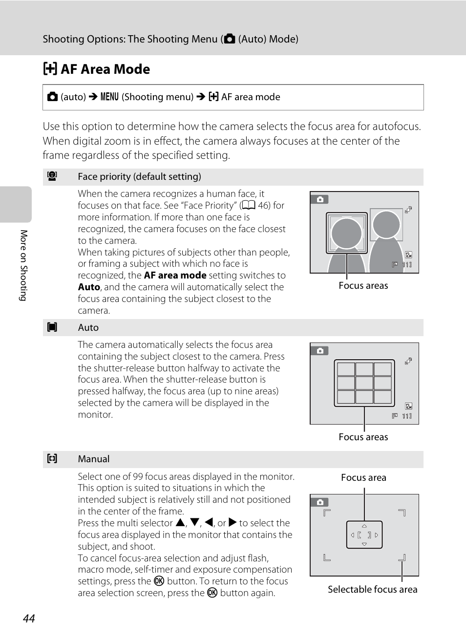 Af area mode, G af area mode, A 44) | A 44 | Nikon Coolpix S3000 User Manual | Page 56 / 184