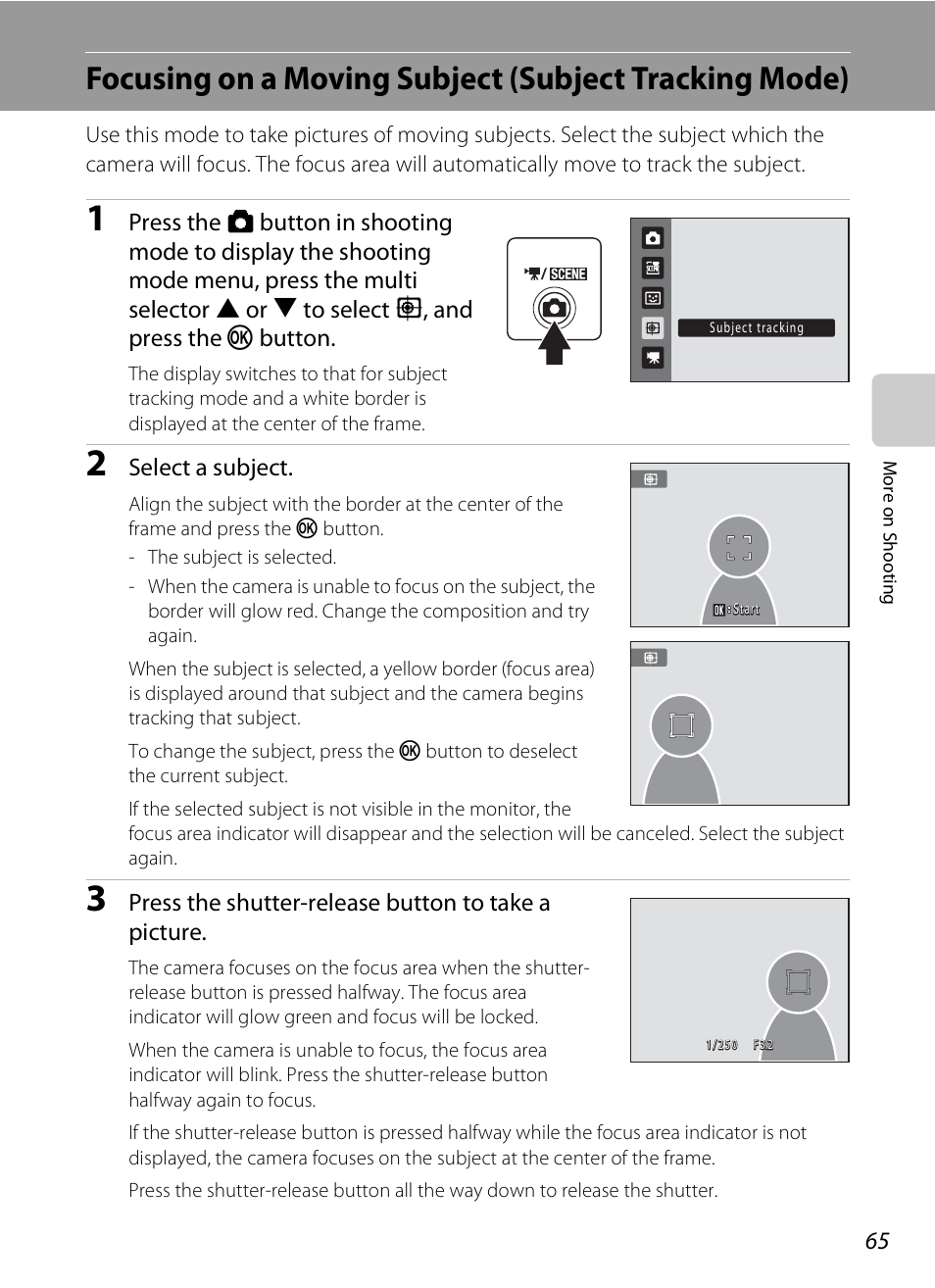 A 65, Select a subject, Press the shutter-release button to take a picture | Nikon Coolpix S3000 User Manual | Page 77 / 184