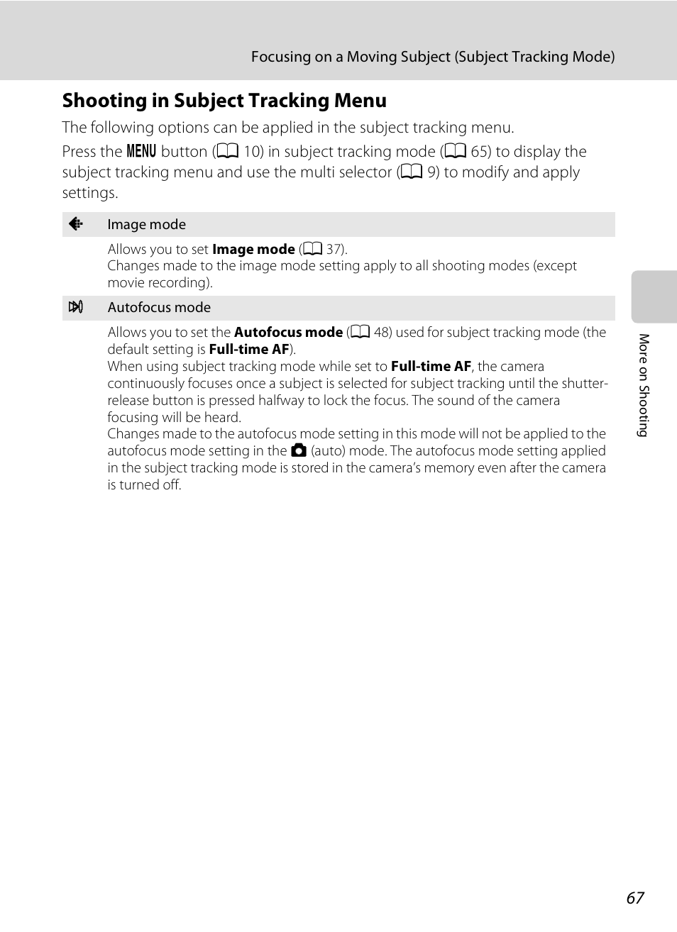 Shooting in subject tracking menu, A 67 | Nikon Coolpix S3000 User Manual | Page 79 / 184