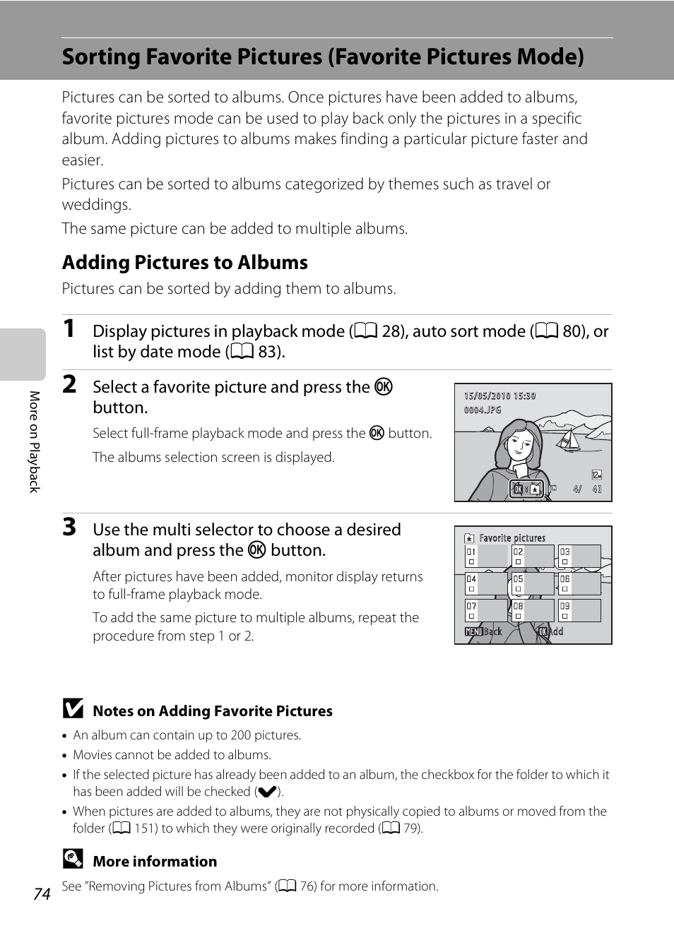 Sorting favorite pictures (favorite pictures mode), Adding pictures to albums, A 74 | Select a favorite picture and press the k button | Nikon Coolpix S3000 User Manual | Page 86 / 184