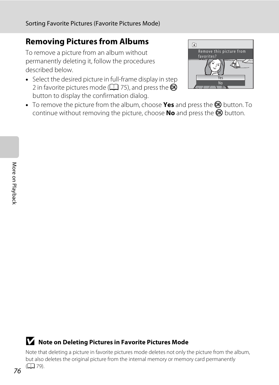 Removing pictures from albums, See ”removing pictures from albums, A 76 | Nikon Coolpix S3000 User Manual | Page 88 / 184