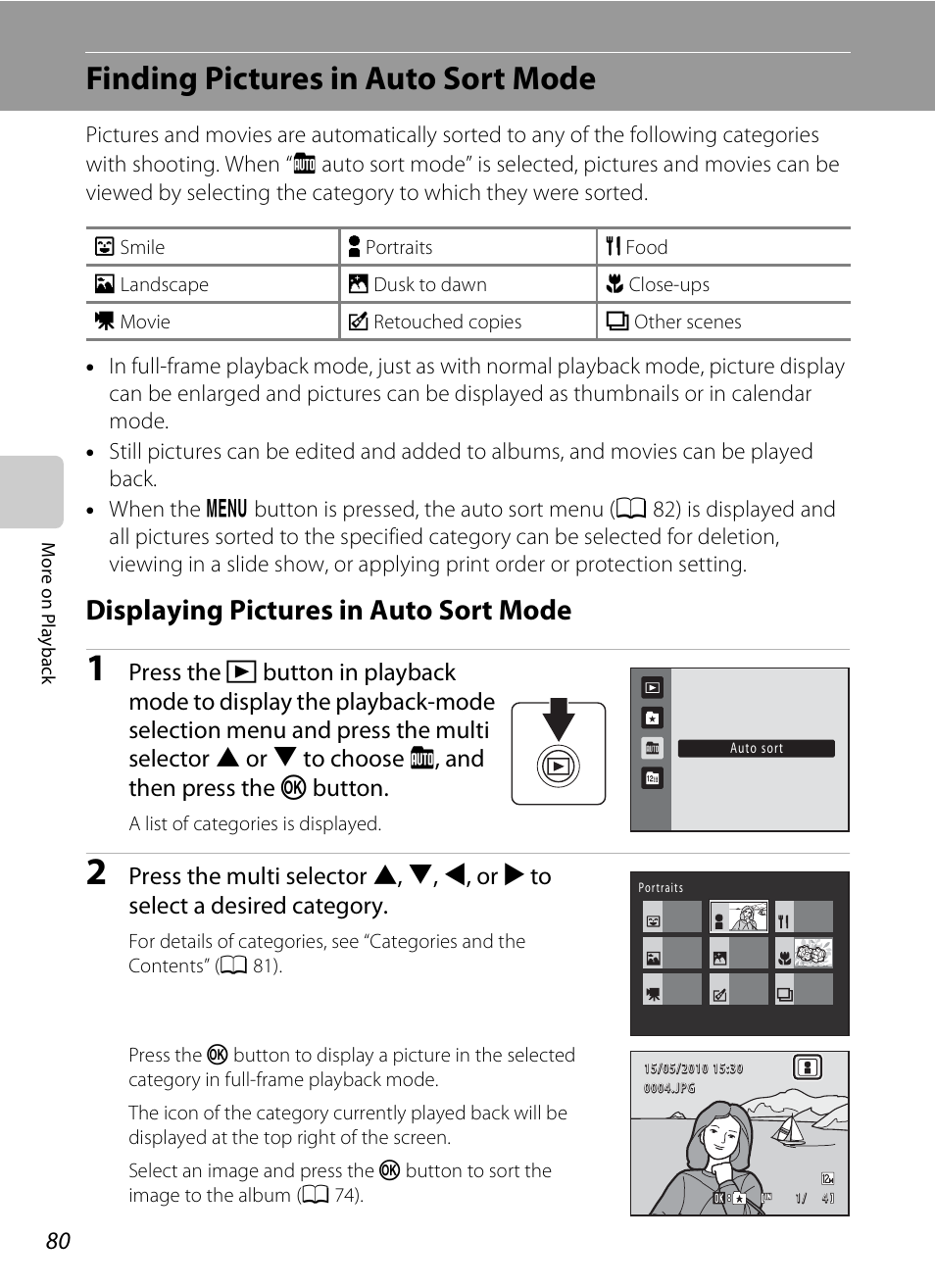 Finding pictures in auto sort mode, Displaying pictures in auto sort mode, A 80) | A 80 | Nikon Coolpix S3000 User Manual | Page 92 / 184