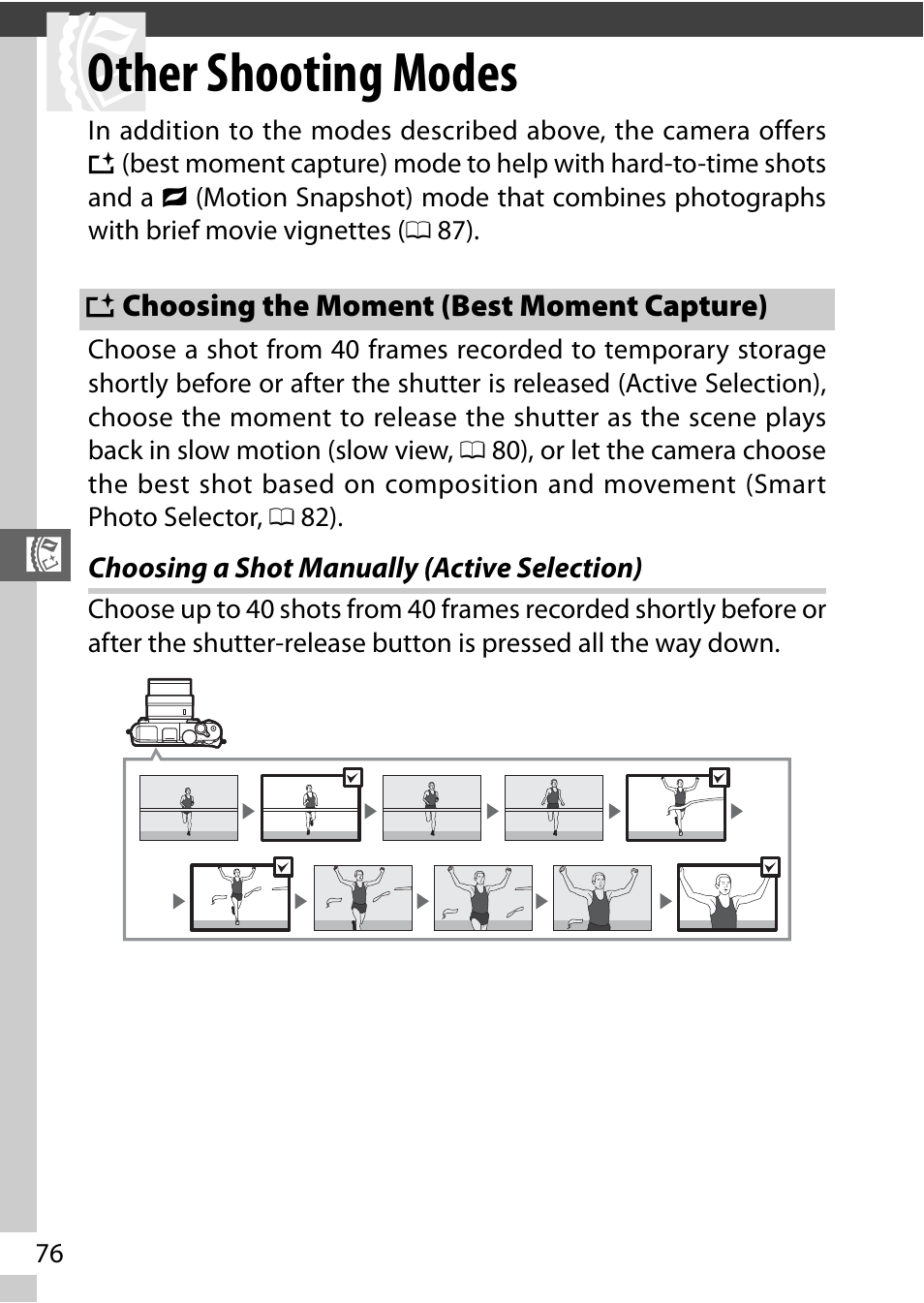Other shooting modes, Choosing the moment (best moment capture), Choosing a shot manually (active selection) | Nikon V3 User Manual | Page 100 / 296
