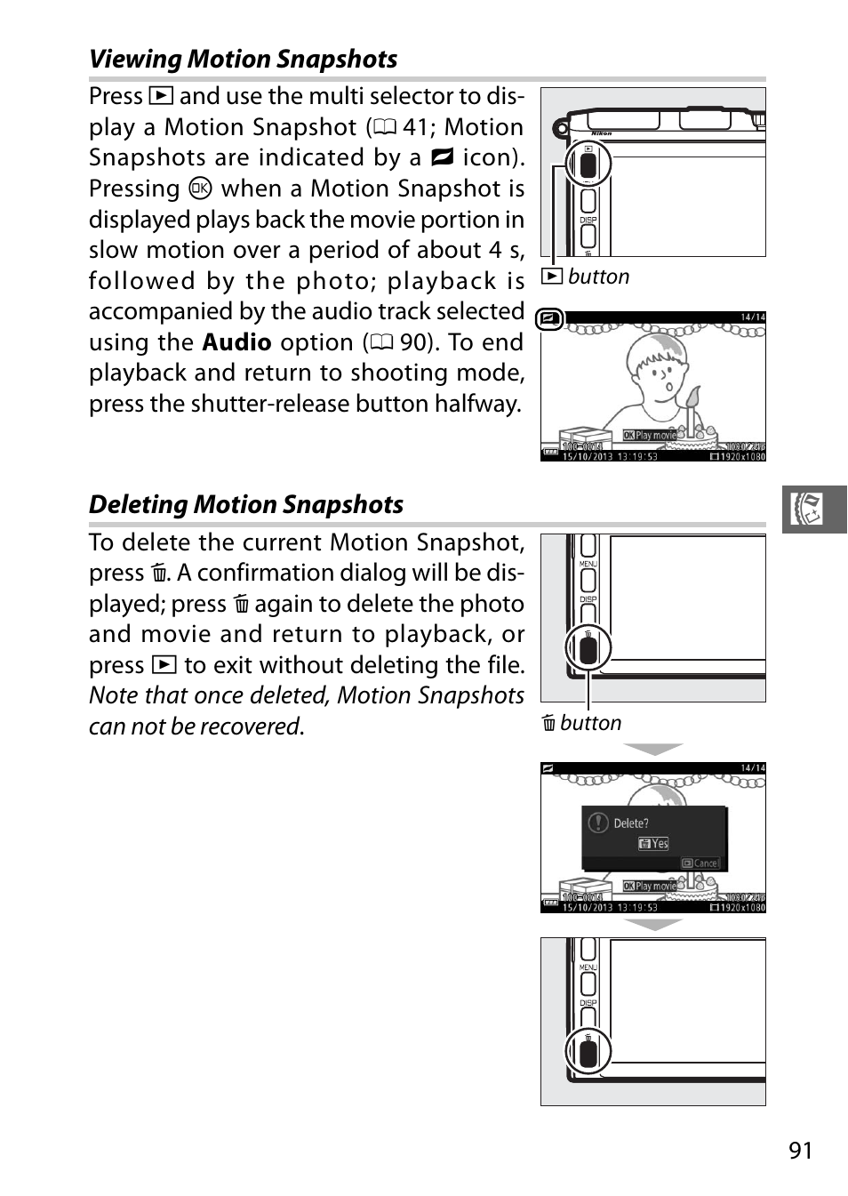 Viewing motion snapshots, Deleting motion snapshots | Nikon V3 User Manual | Page 115 / 296