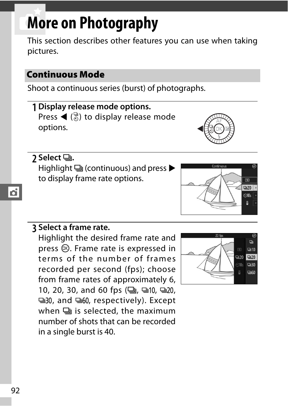 More on photography, Continuous mode, 0 92), suppo | Shooting mode, 0 92), or s | Nikon V3 User Manual | Page 116 / 296