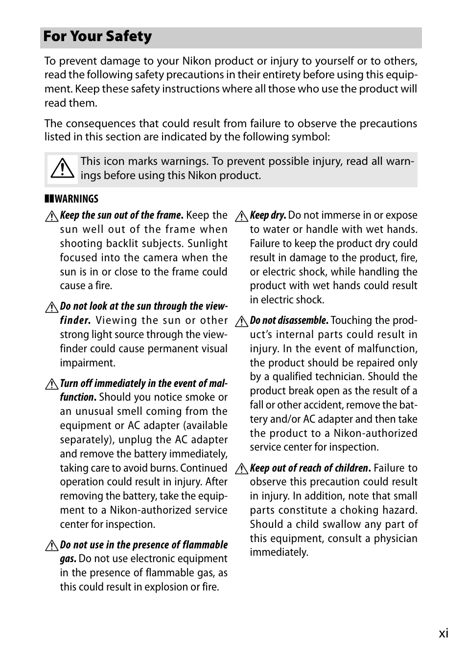 For your safety | Nikon V3 User Manual | Page 13 / 296