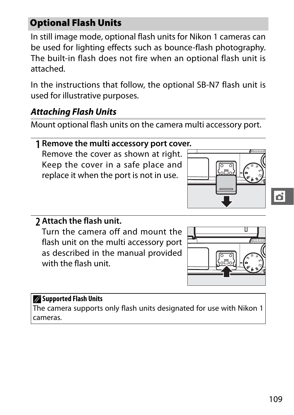 Optional flash units, Attaching flash units | Nikon V3 User Manual | Page 133 / 296