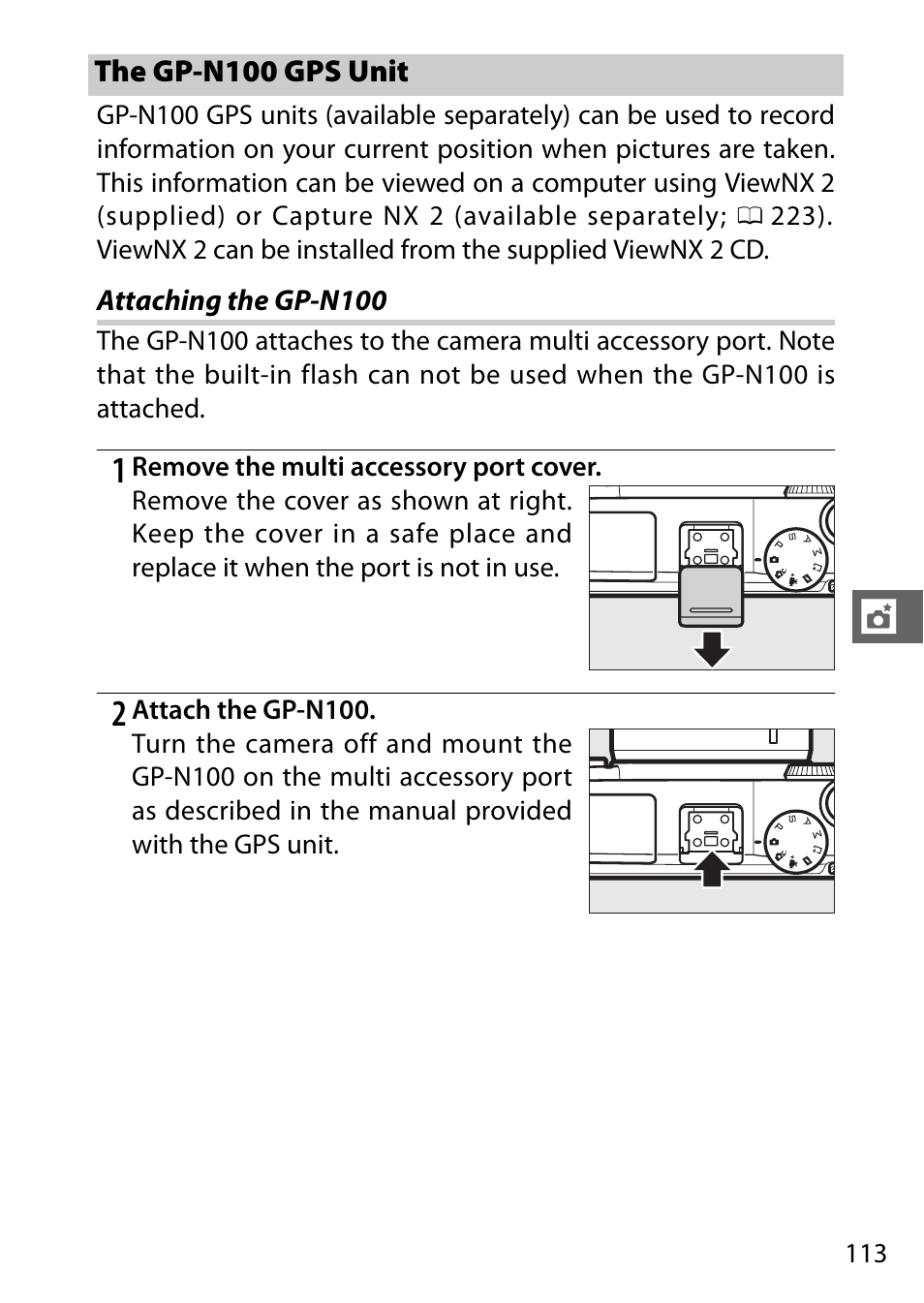 The gp-n100 gps unit, Attaching the gp-n100 | Nikon V3 User Manual | Page 137 / 296