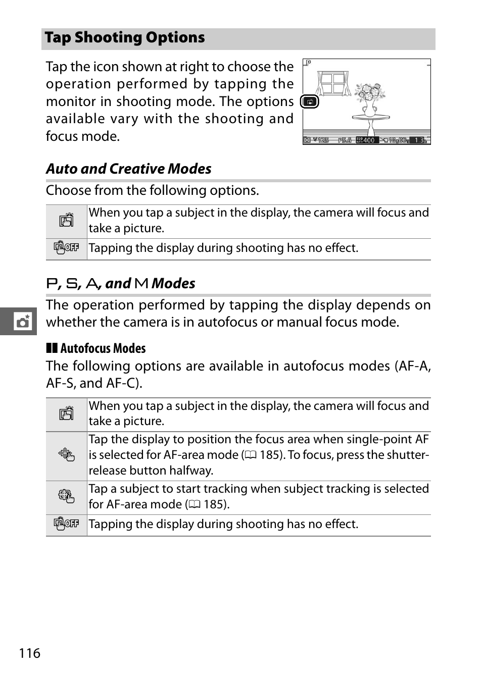 Tap shooting options, Auto and creative modes, P, s, a, and m modes | Nikon V3 User Manual | Page 140 / 296