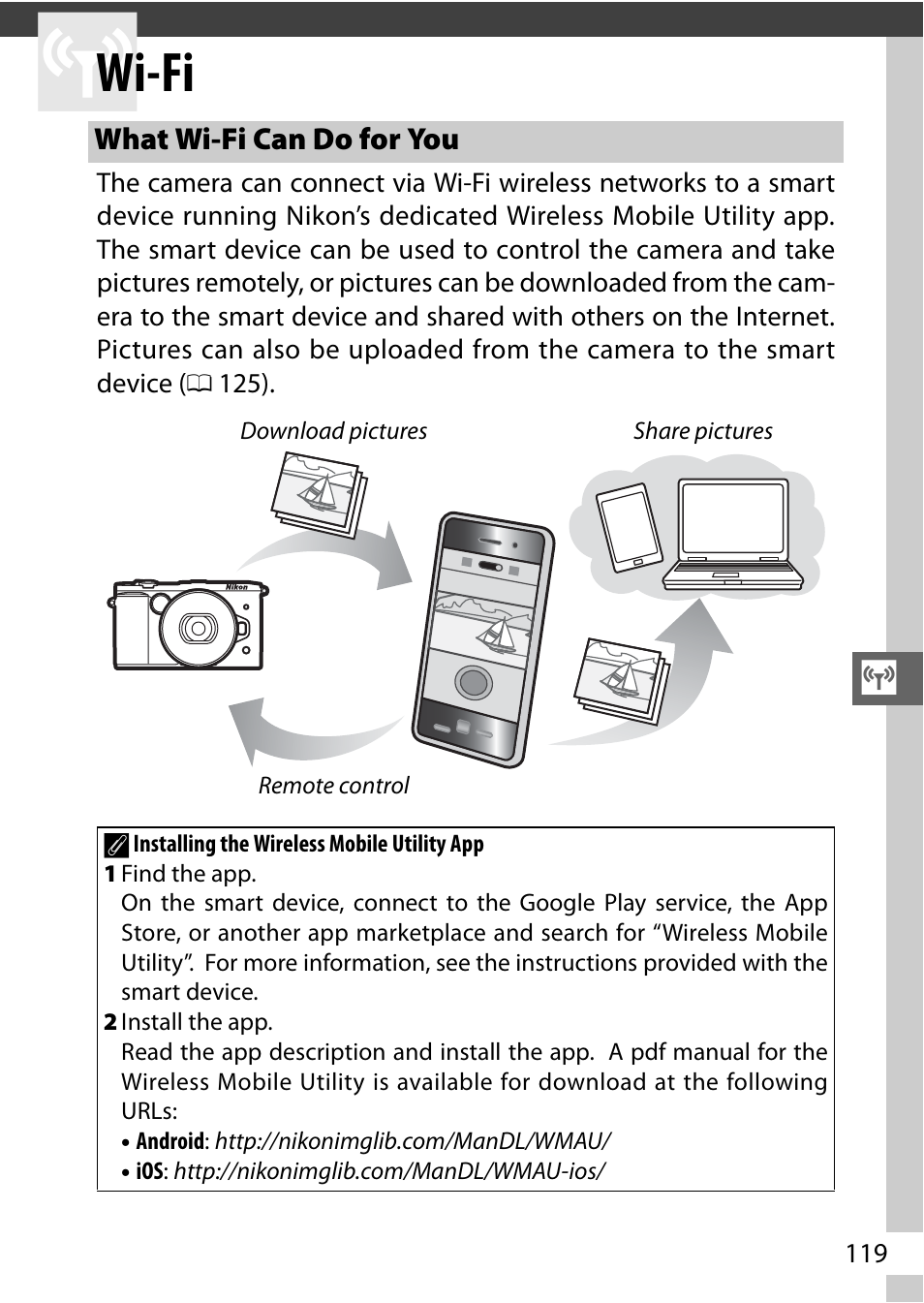 Wi-fi, What wi-fi can do for you, Nu ( 0 119) | Nikon V3 User Manual | Page 143 / 296