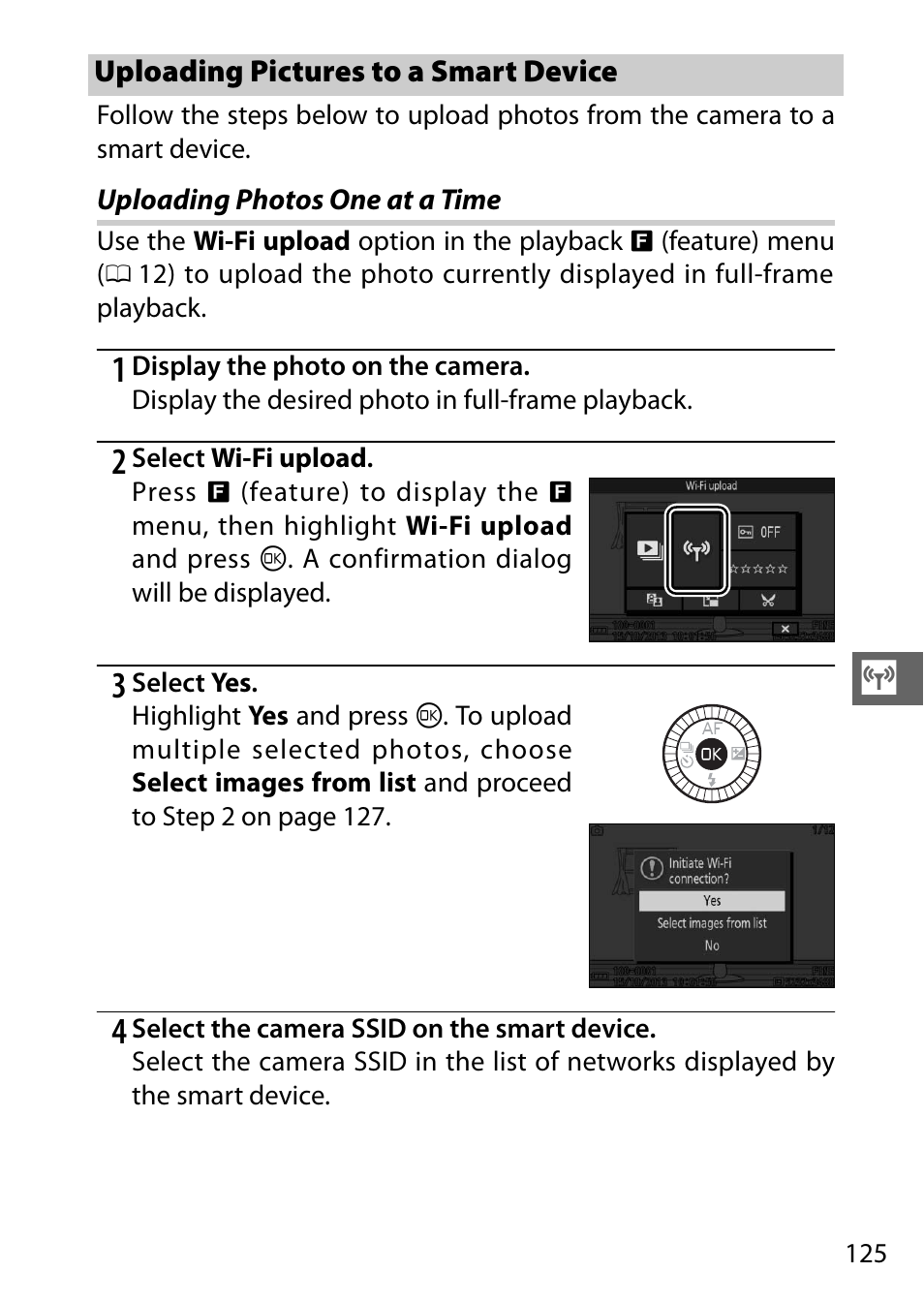 Uploading pictures to a smart device, Uploading photos one at a time | Nikon V3 User Manual | Page 149 / 296