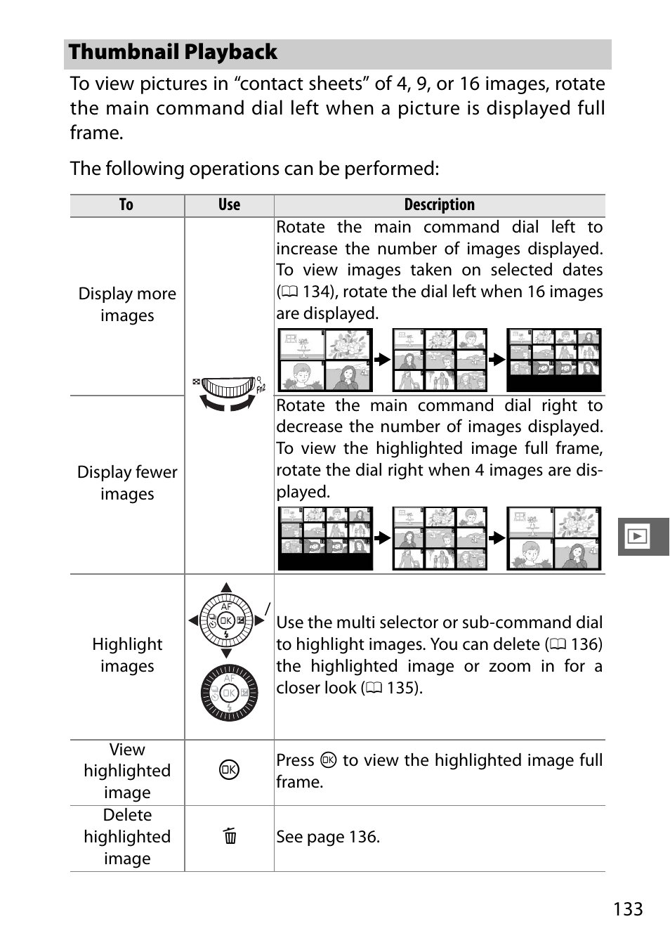 Thumbnail playback, 0 133), use a | Nikon V3 User Manual | Page 157 / 296