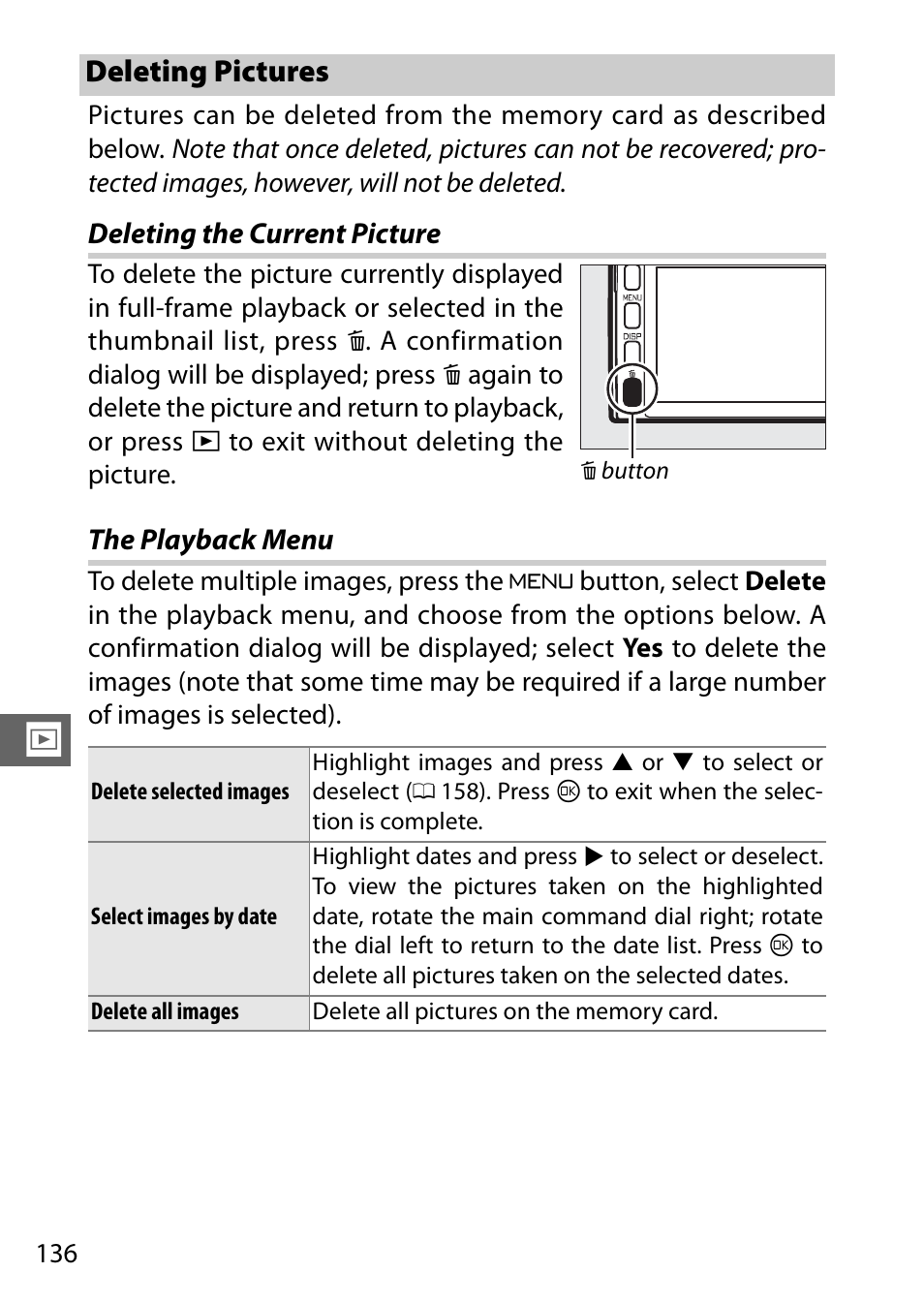 Deleting pictures, Deleting the current picture, The playback menu | Hotos | Nikon V3 User Manual | Page 160 / 296