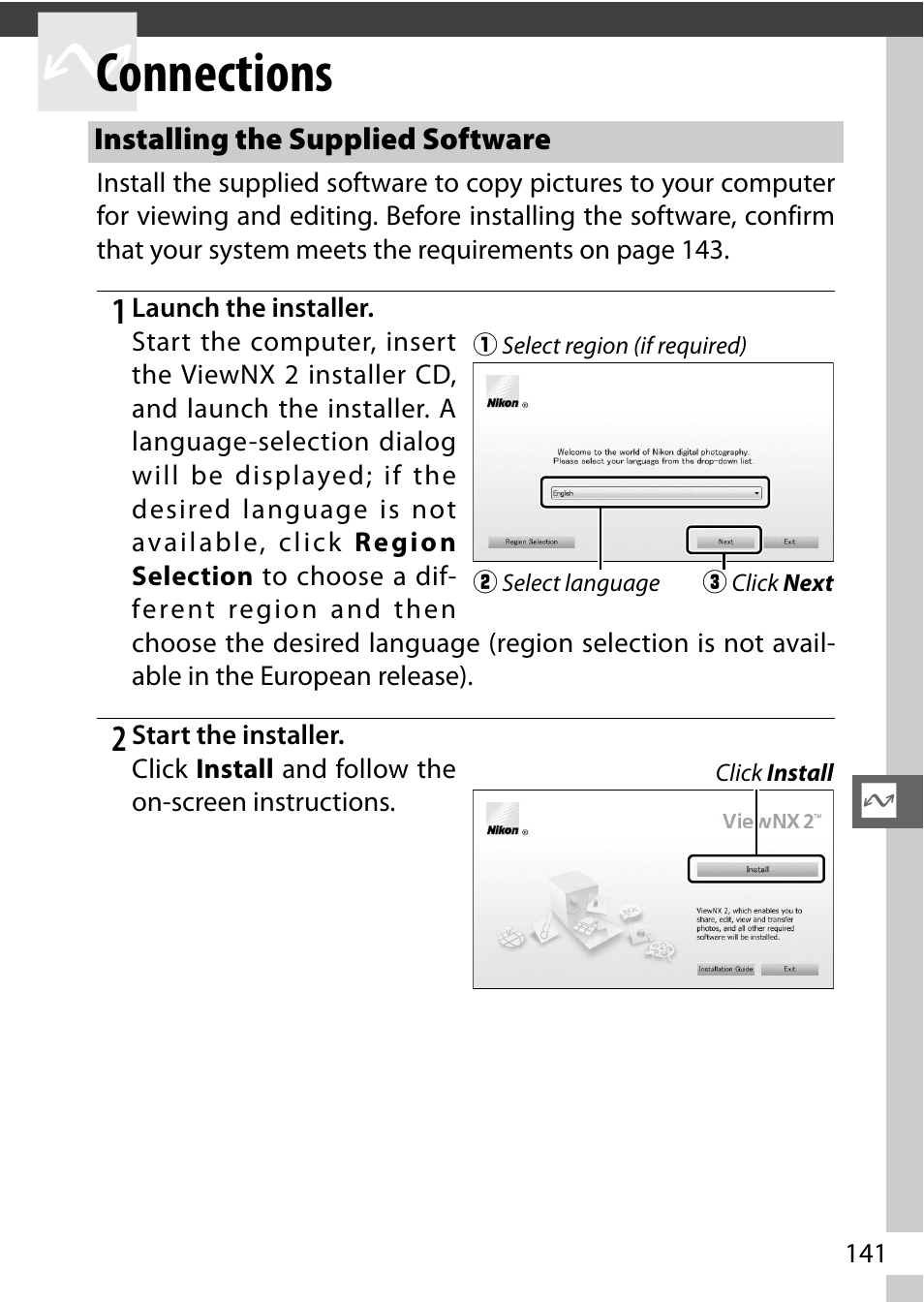 Connections, Installing the supplied software, 0 141), and | Nikon V3 User Manual | Page 165 / 296
