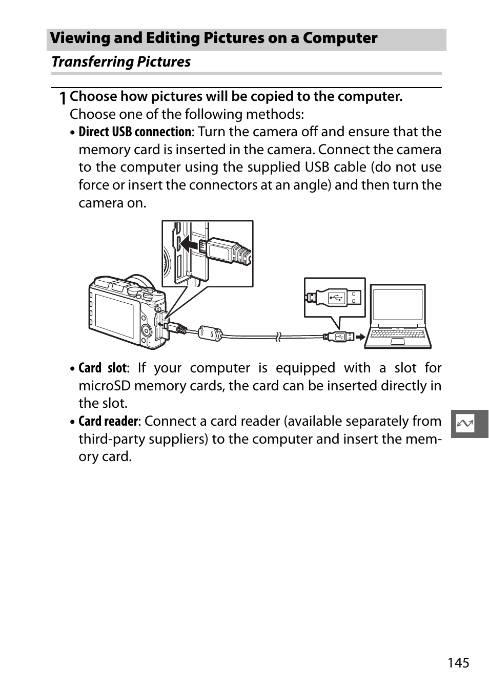 Viewing and editing pictures on a computer, Transferring pictures | Nikon V3 User Manual | Page 169 / 296