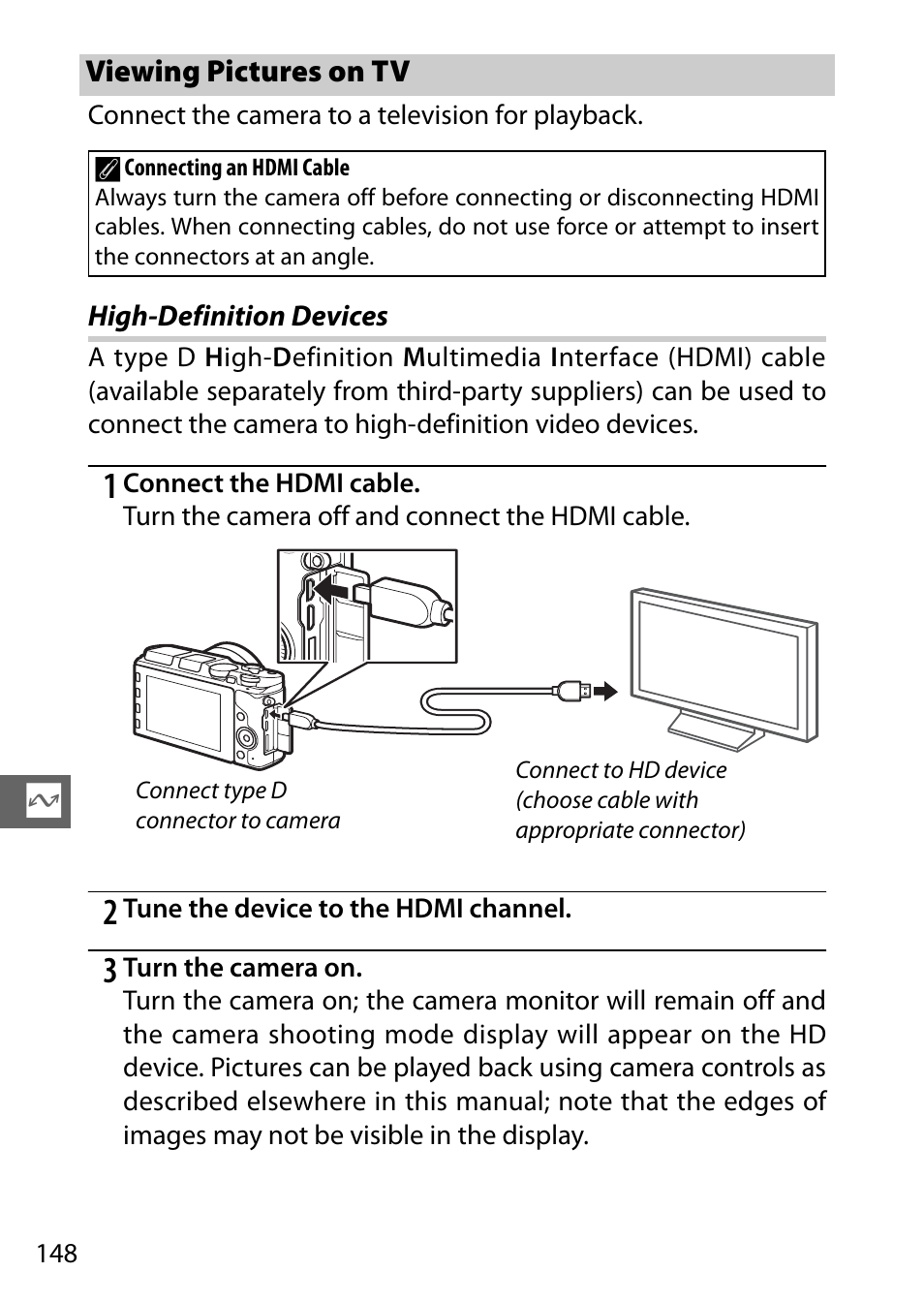 Viewing pictures on tv, High-definition devices | Nikon V3 User Manual | Page 172 / 296
