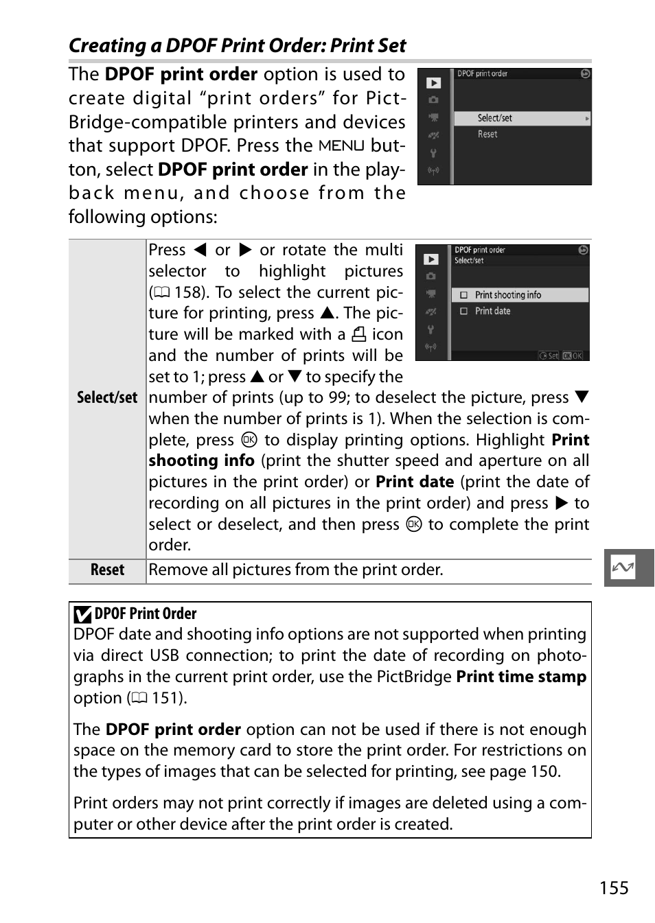 Creating a dpof print order: print set, 0 155). the | Nikon V3 User Manual | Page 179 / 296