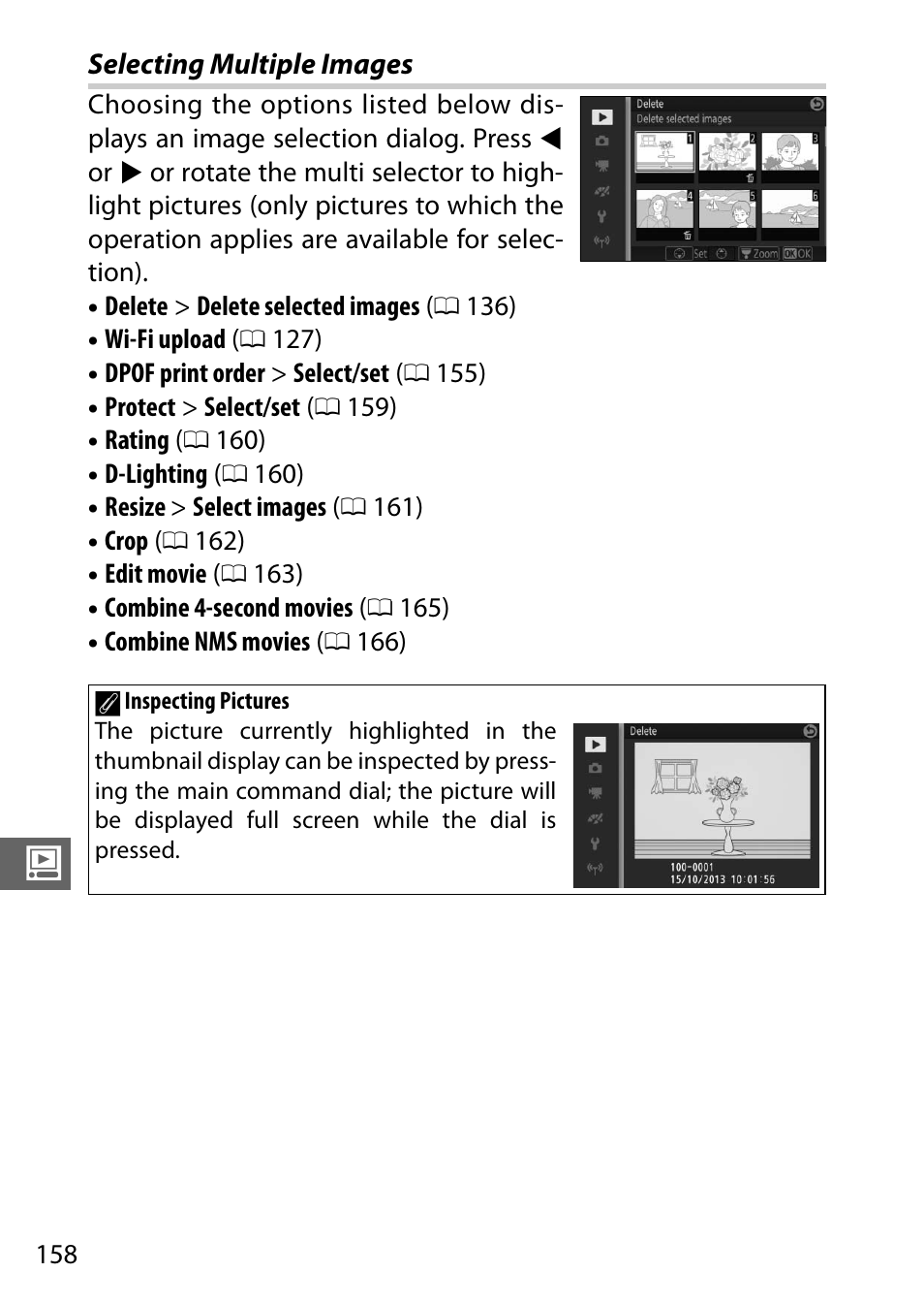 Selecting multiple images, 0 158). t | Nikon V3 User Manual | Page 182 / 296