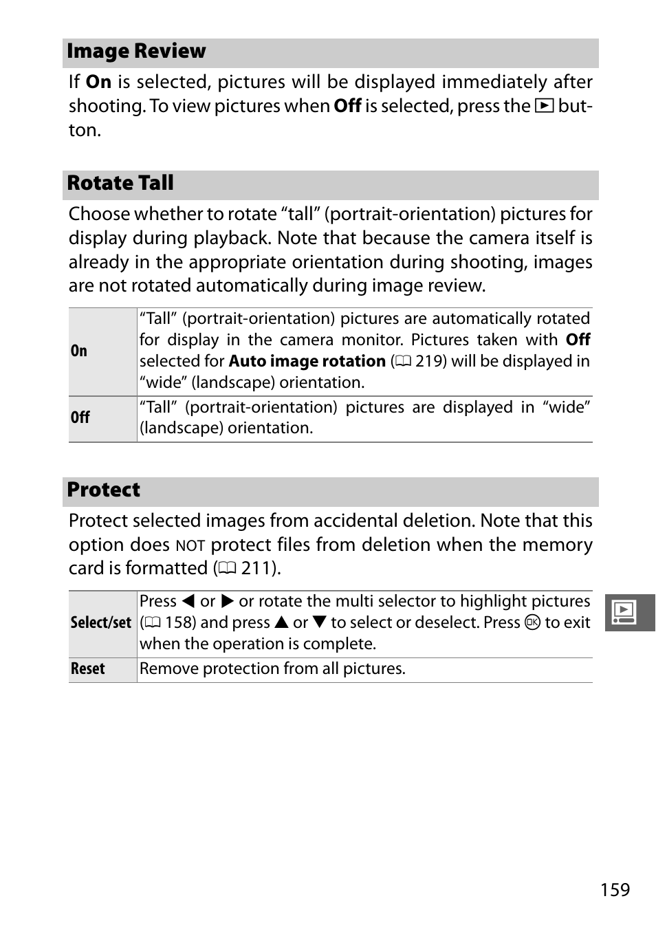 Image review, Rotate tall, Protect | Image review rotate tall | Nikon V3 User Manual | Page 183 / 296