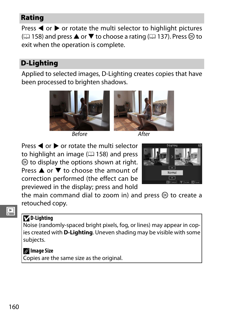 Rating, D-lighting | Nikon V3 User Manual | Page 184 / 296