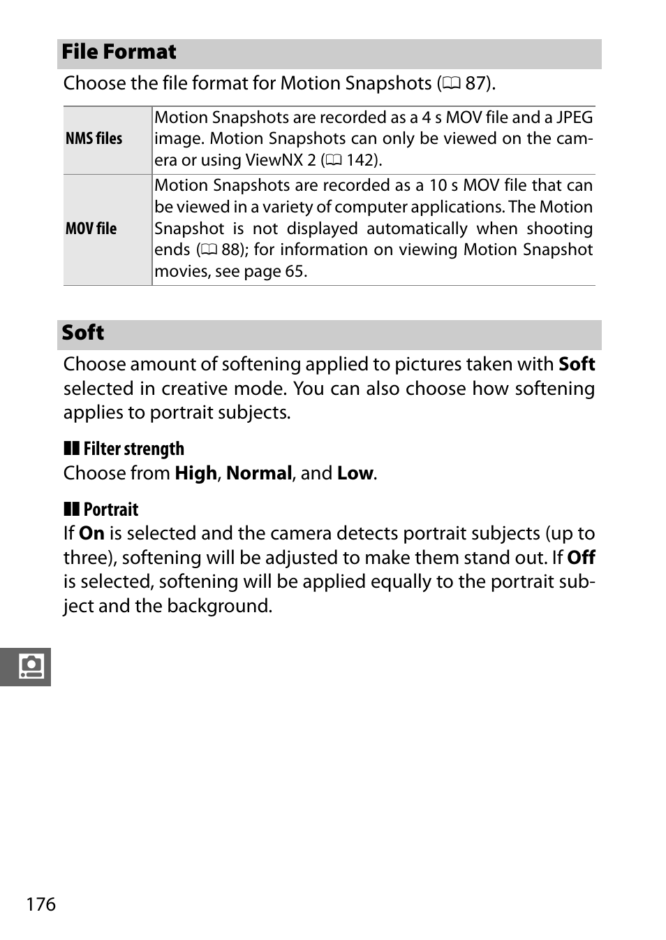 File format, Soft, Shots | 0 176) in, 0 176) or | Nikon V3 User Manual | Page 200 / 296