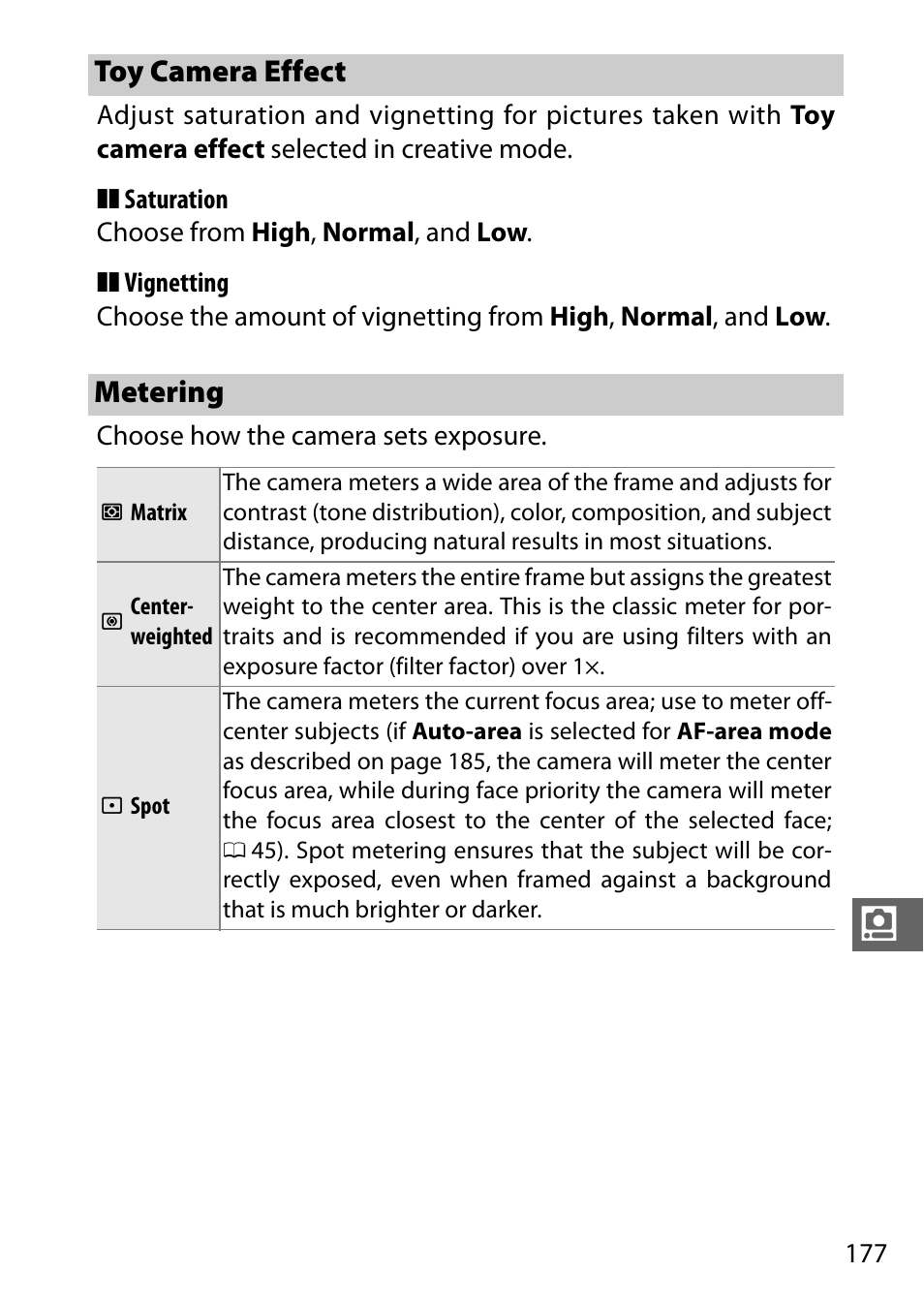 Toy camera effect, Metering | Nikon V3 User Manual | Page 201 / 296