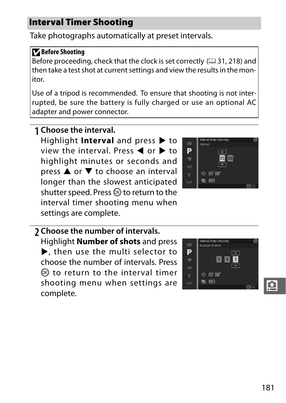 Interval timer shooting | Nikon V3 User Manual | Page 205 / 296