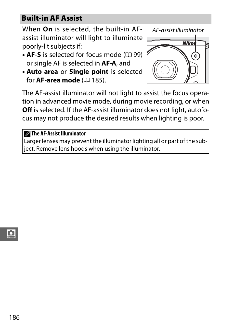 Built-in af assist, 0 186) ma | Nikon V3 User Manual | Page 210 / 296