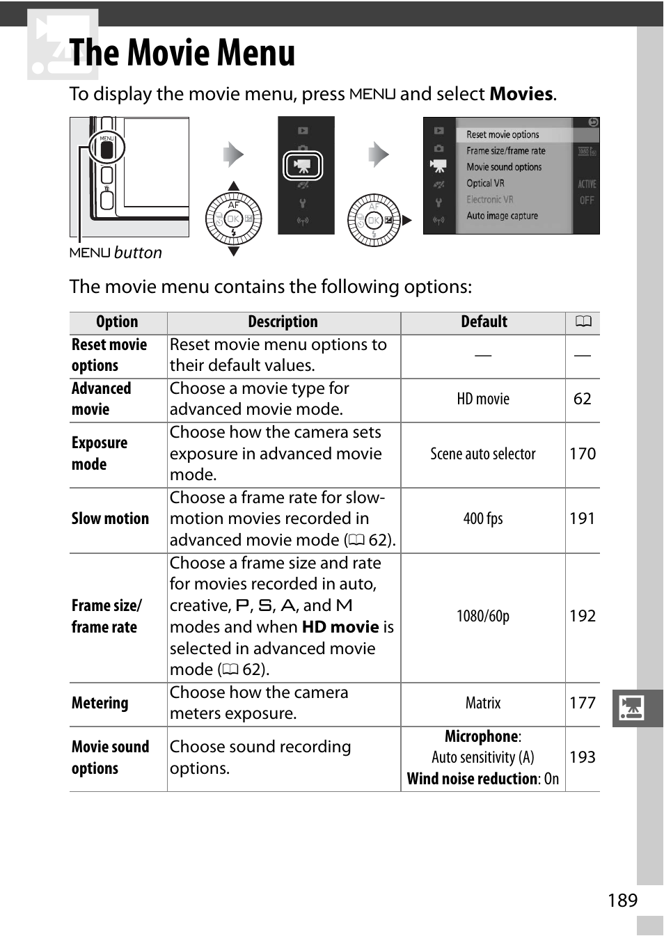 The movie menu, 0 189) menu | Nikon V3 User Manual | Page 213 / 296